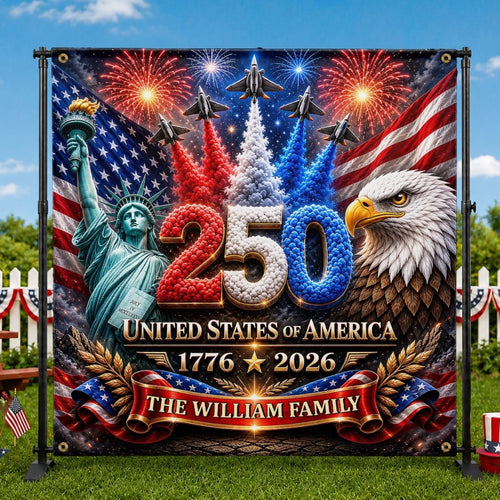 Personalized 250th Anniversary Party Banner with Eagle & Liberty for Patriotic Family Backdrop GradoCreations