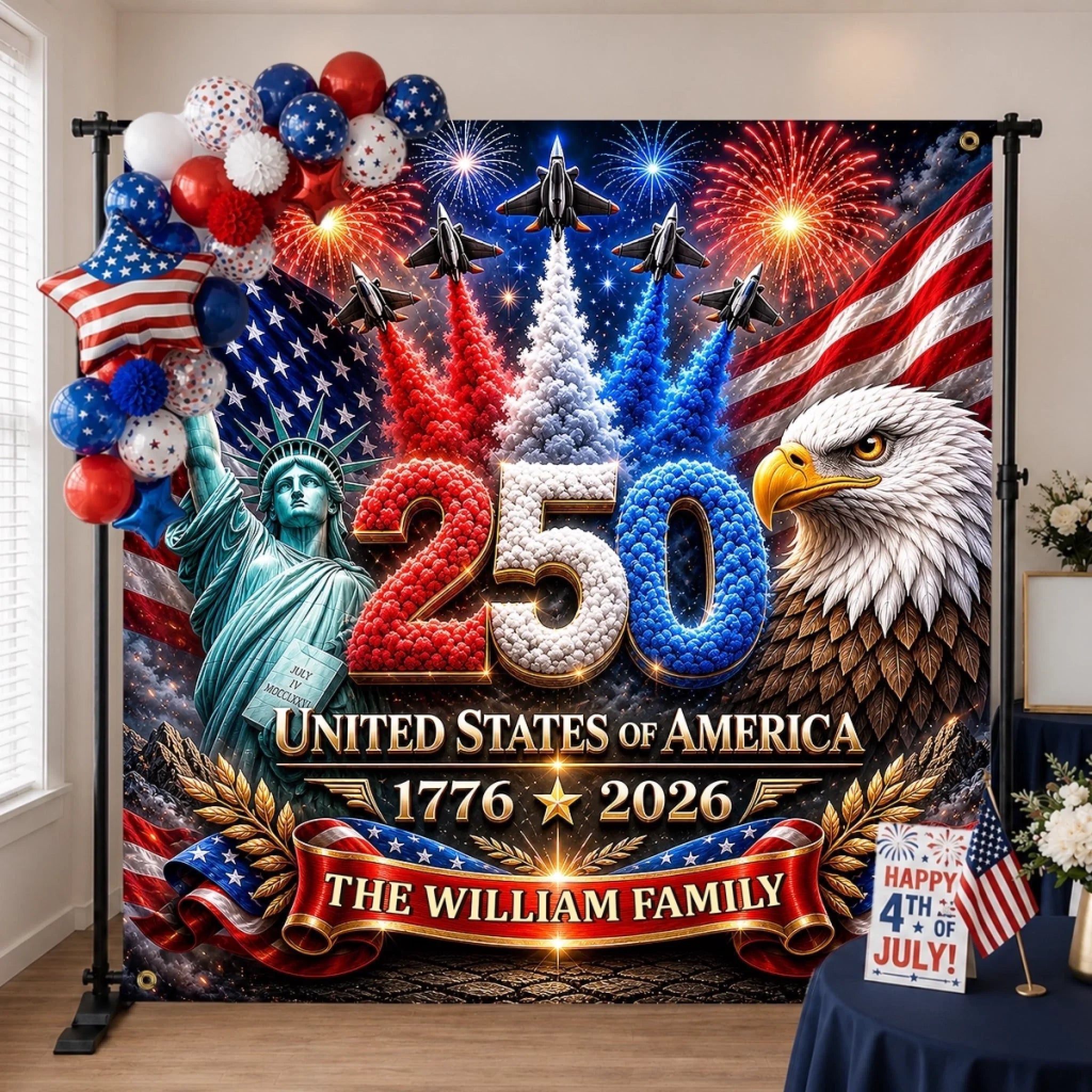 Personalized 250th Anniversary Party Banner with Eagle & Liberty for Patriotic Family