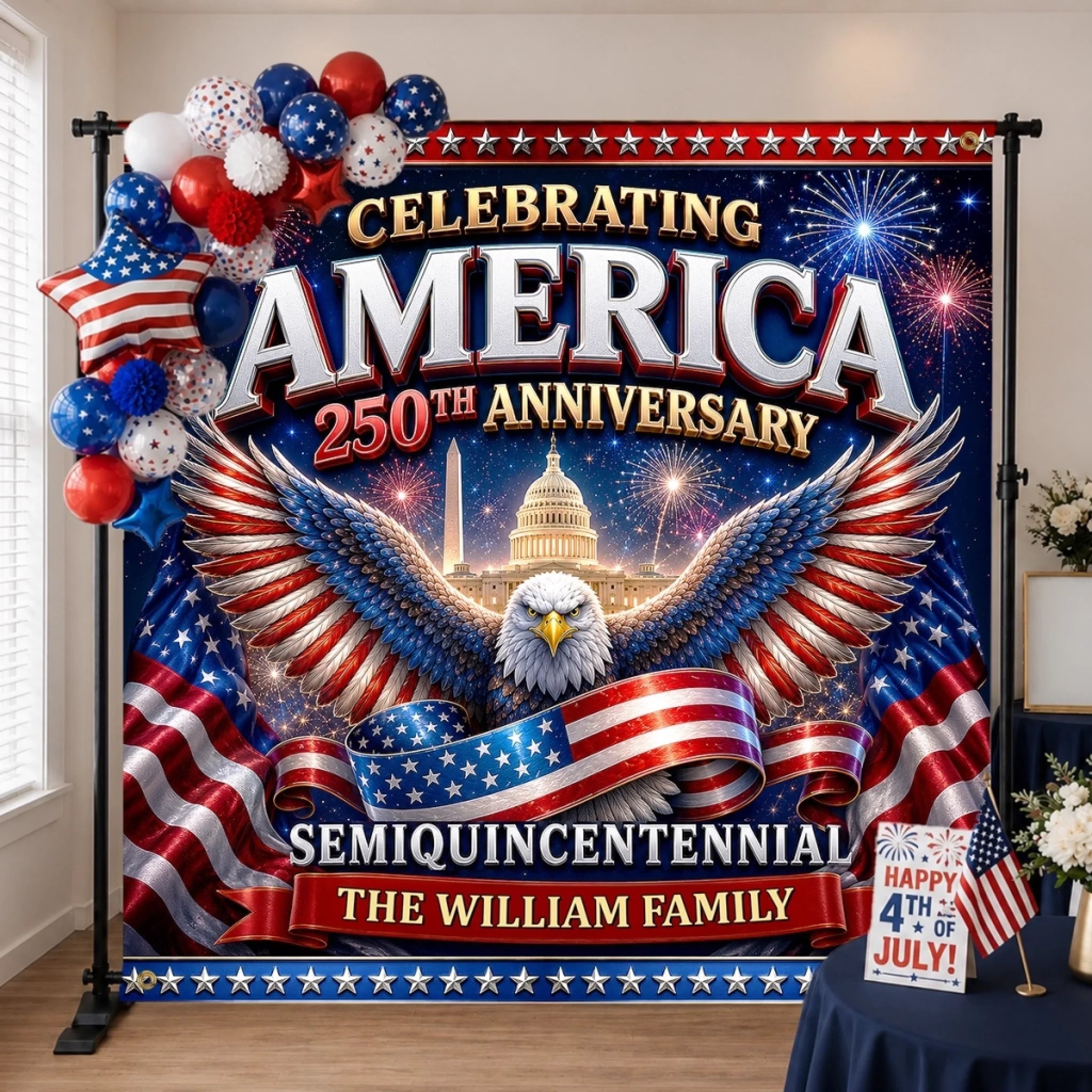 Personalized Patriotic Eagle Backdrop Banner for 250th Anniversary Celebration