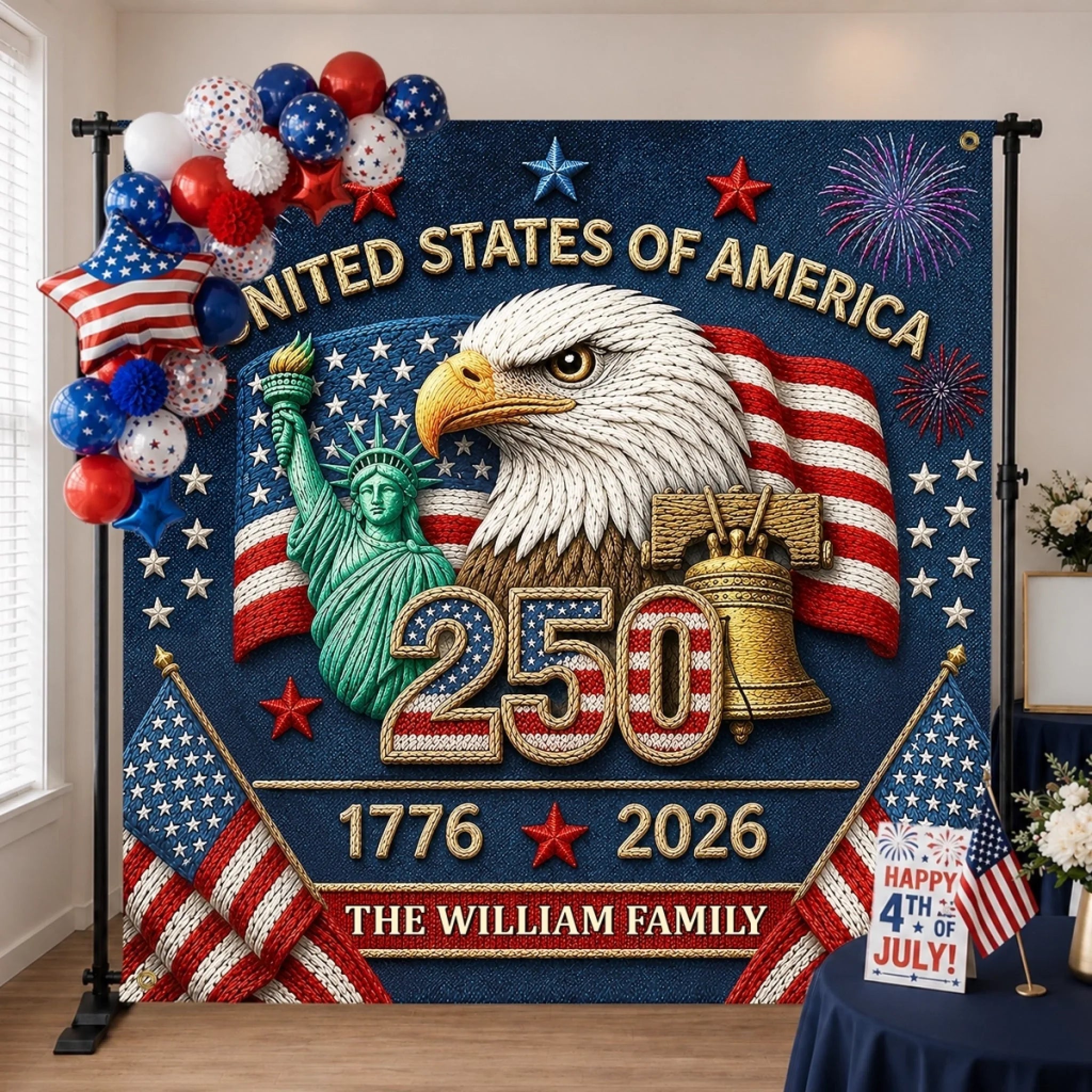 Personalized USA 250th Anniversary Backdrop Banner for Patriotic Family