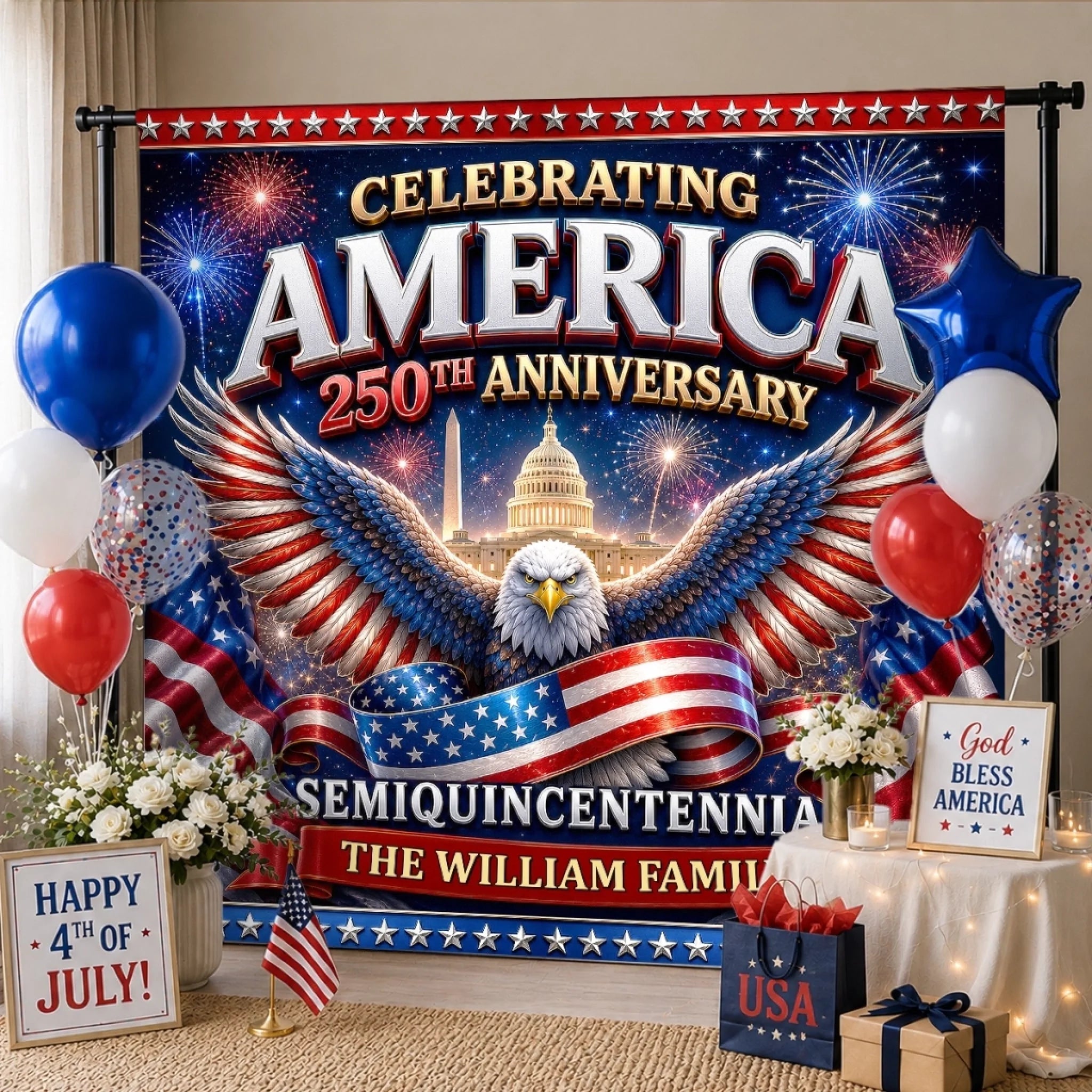 Personalized Patriotic Eagle Backdrop Banner for 250th Anniversary Celebration