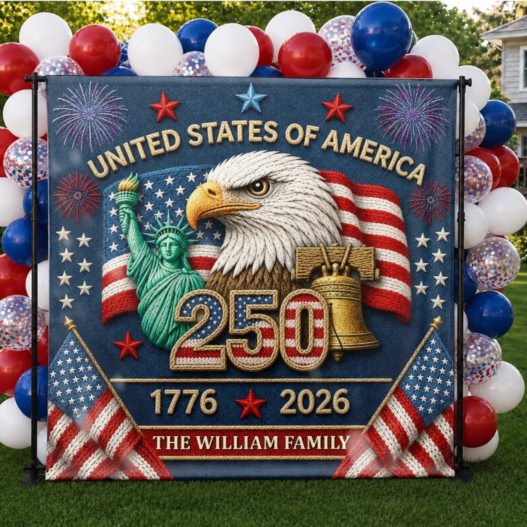 Personalized USA 250th Anniversary Backdrop Banner for Patriotic Family