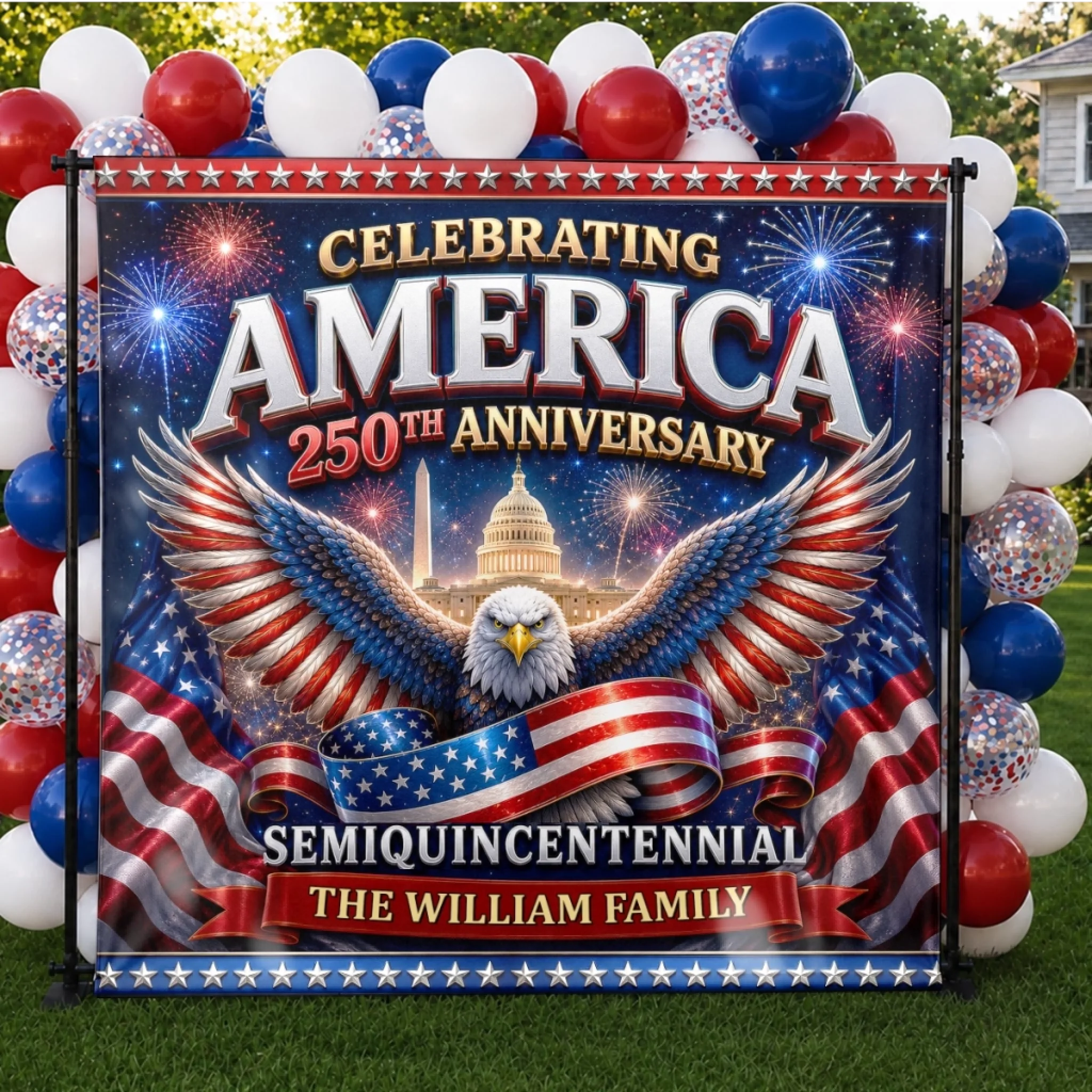 Personalized Patriotic Eagle Backdrop Banner for 250th Anniversary Celebration