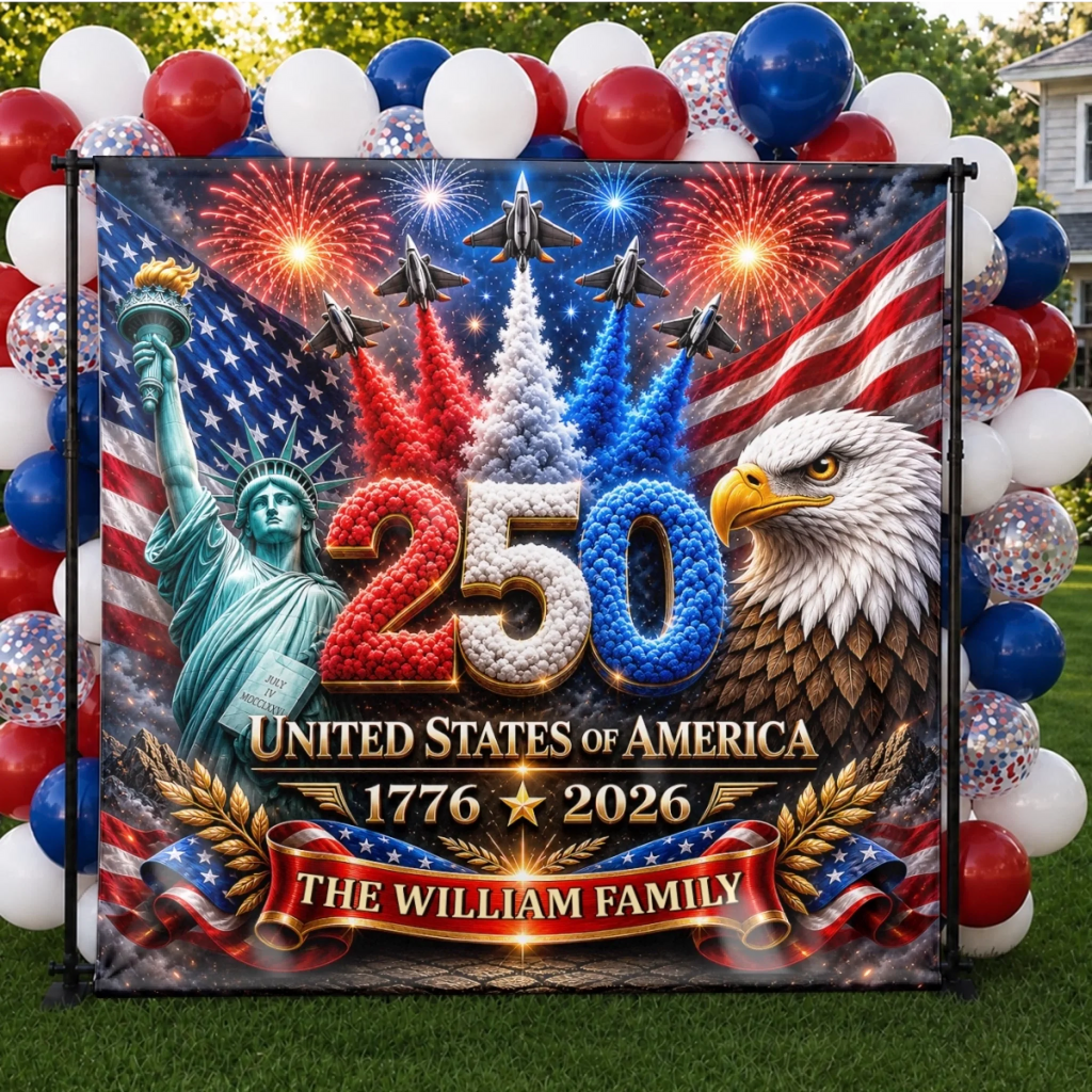 Personalized 250th Anniversary Party Banner with Eagle & Liberty for Patriotic Family