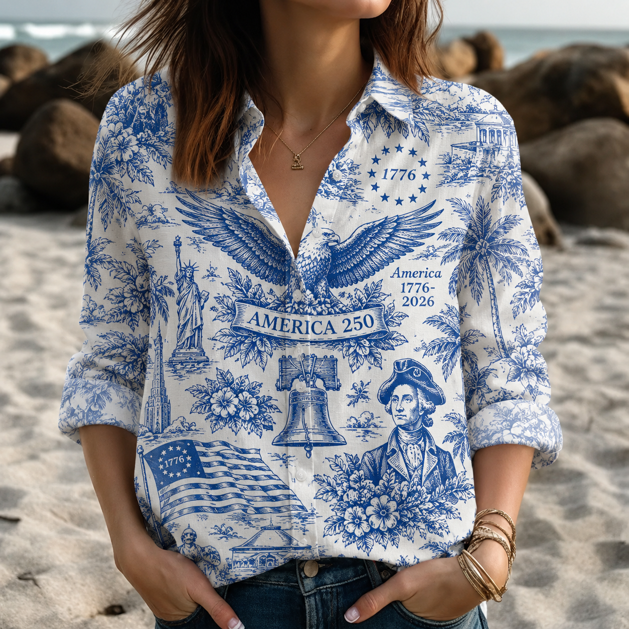 Personalized Toile De Jouy Style Blouse Patriotic Gift for Her - USA 250th Anniversary HN590 - Blouse Shirt GradoCreations