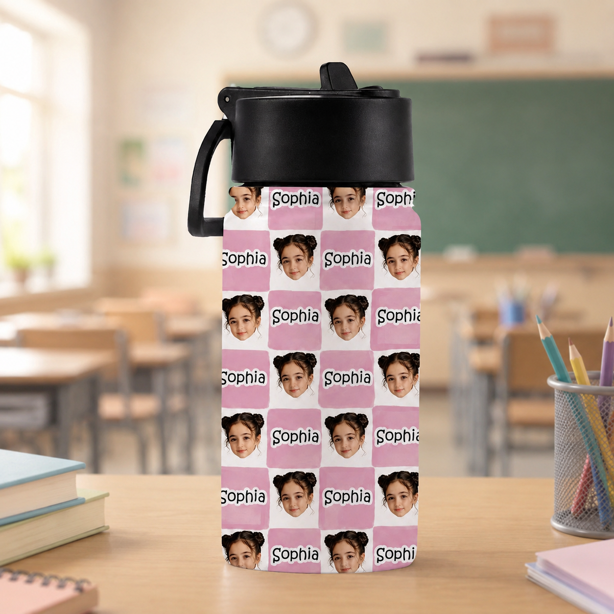 Personalized Water Bottle with Photo & Name Custom Gift for Kids HN590 - Kid Water Bottle With Straw GradoCreations