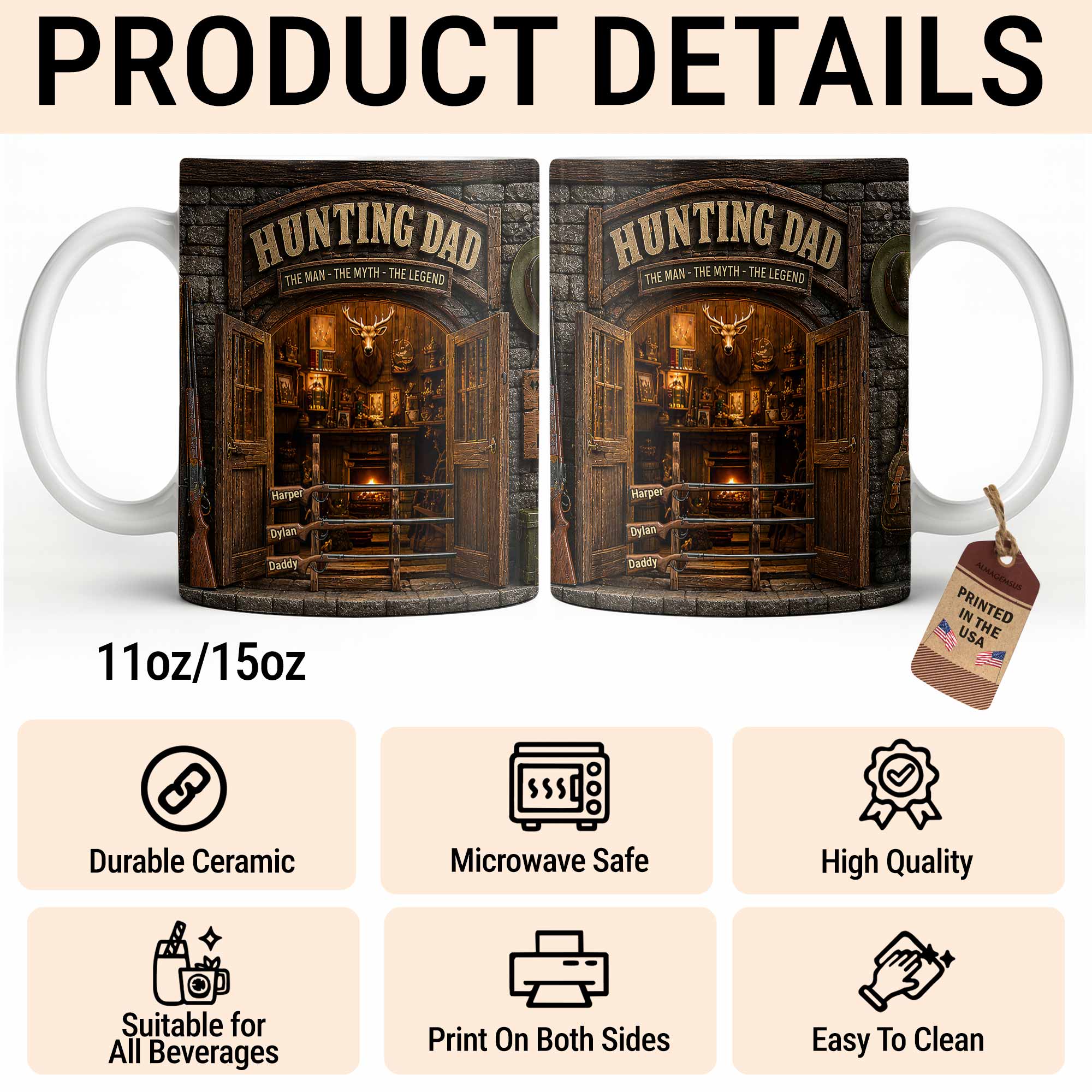 Personalized Hunting Mug Custom Name Gift for Dad Myth Legend Edge-to-edge Mug GradoCreations
