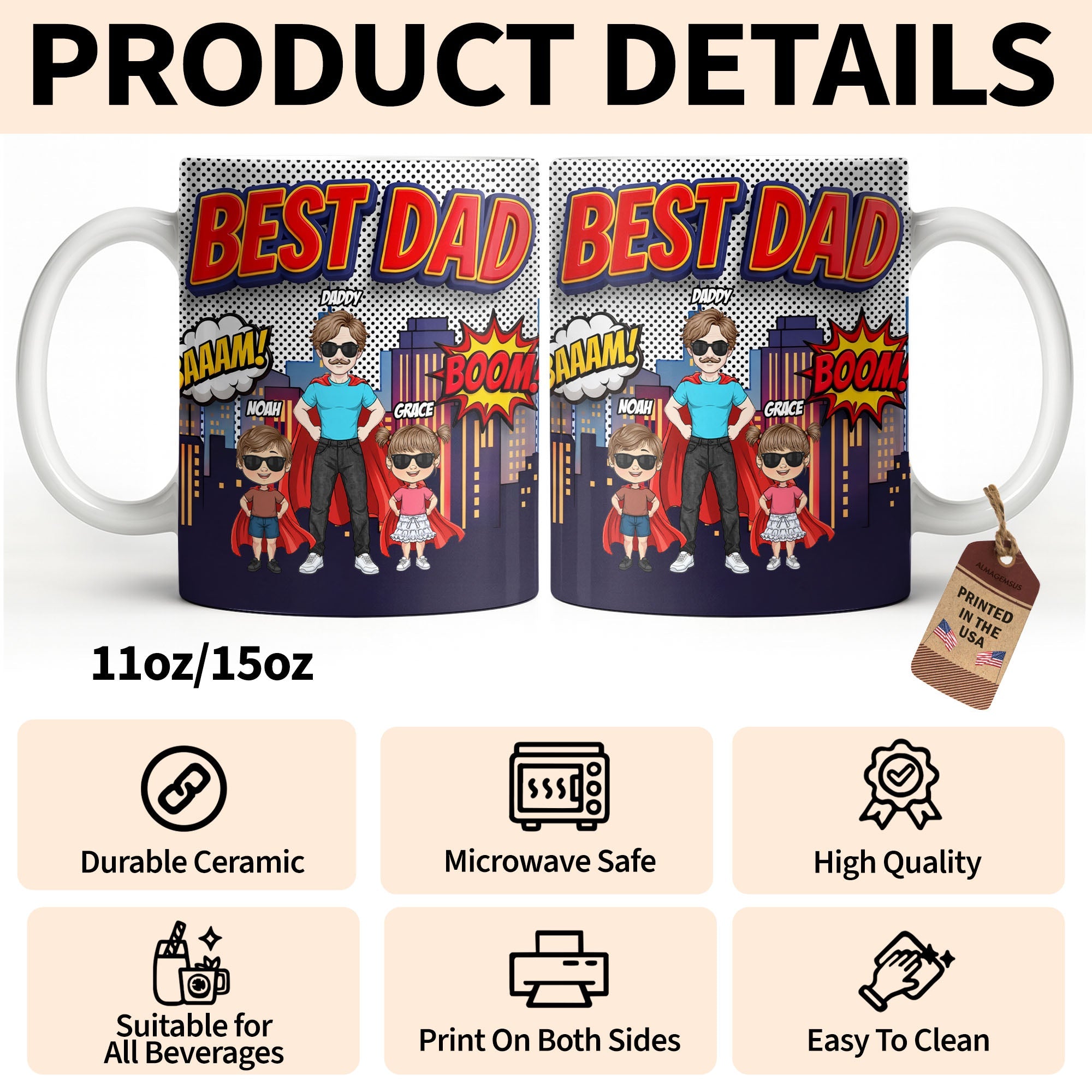 Personalized Comic Style Coffee Mug for Best Dad Gift Edge-to-edge Mug GradoCreations