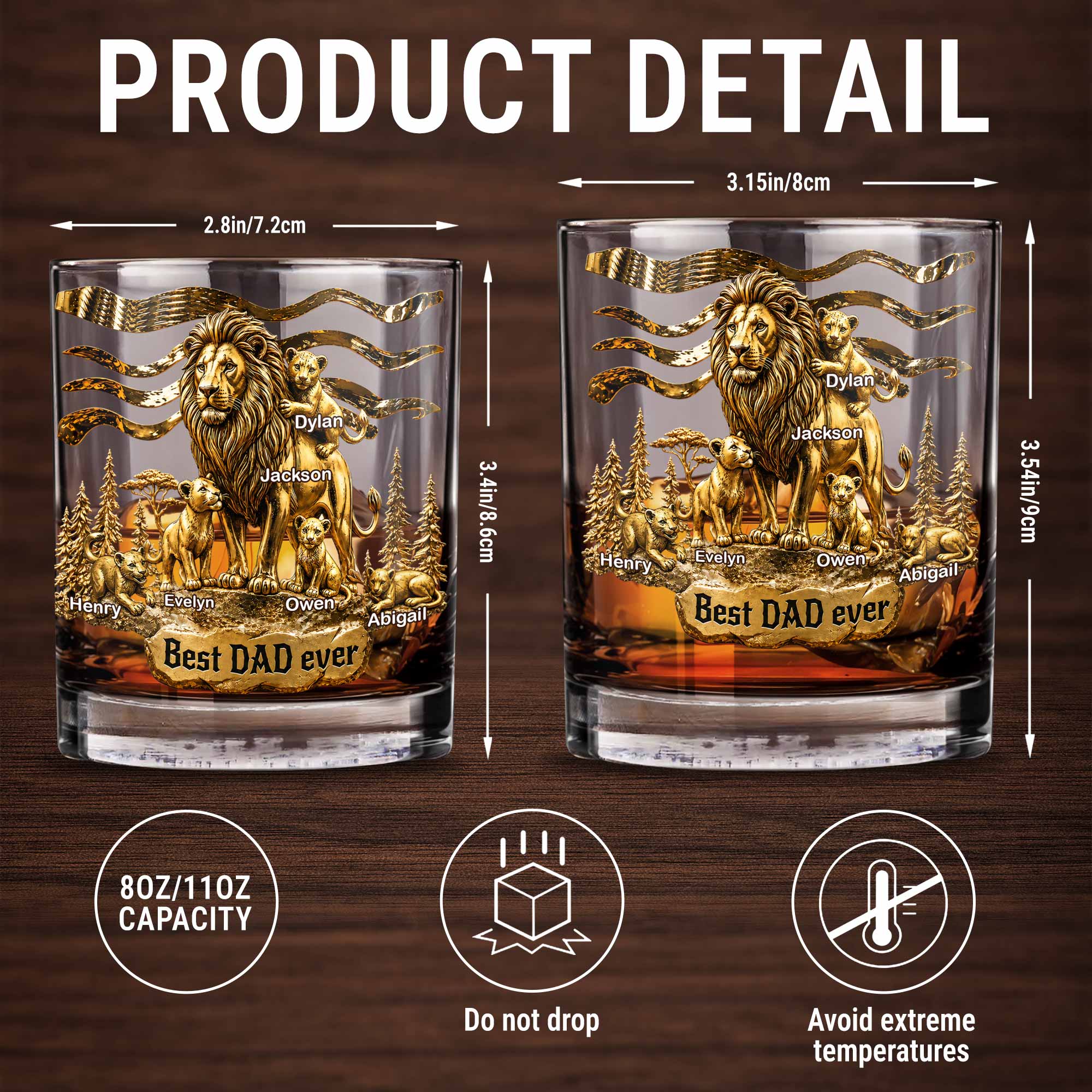 Personalized Custom Whiskey Glass with 3D Lion Art Gift for Dad Whiskey Glass GradoCreations