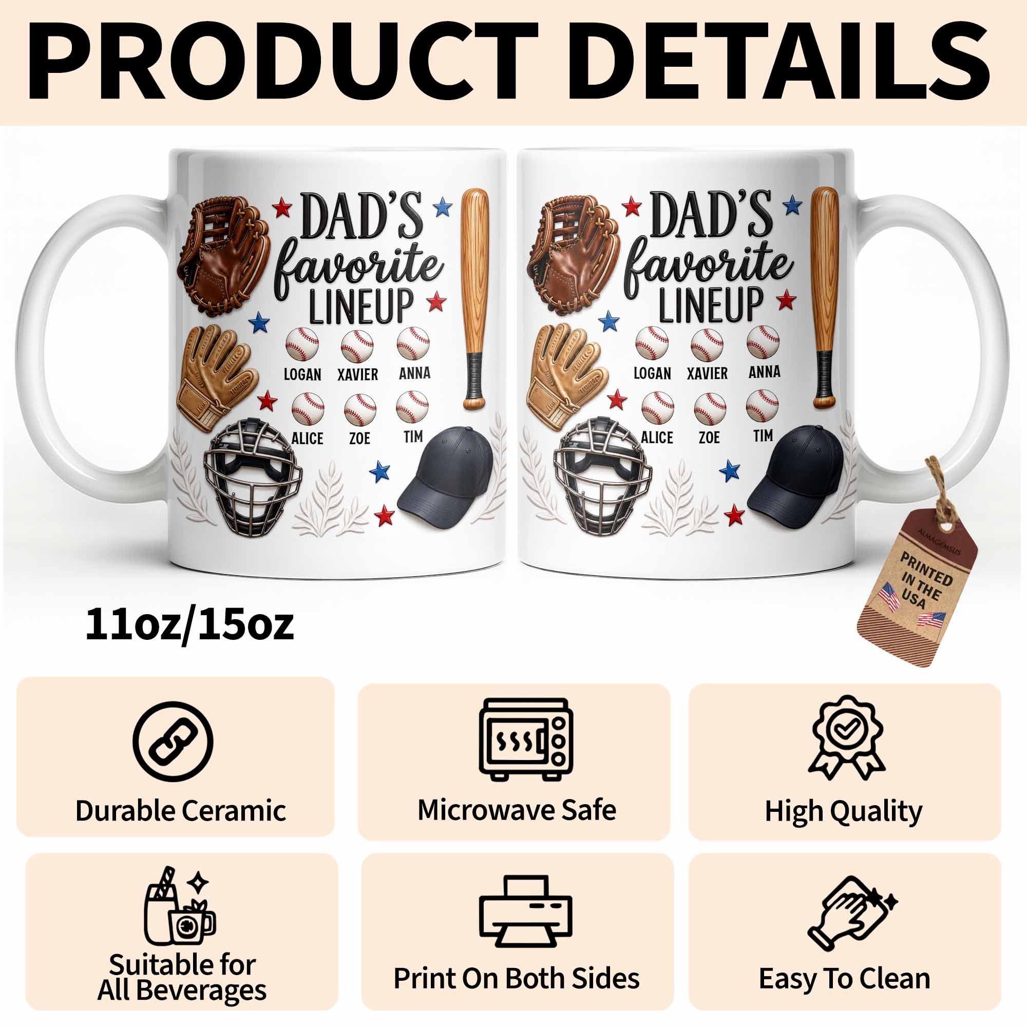 Personalized Baseball Mug Custom Name Gift for Dad/Father's Day Edge-to-edge Mug GradoCreations