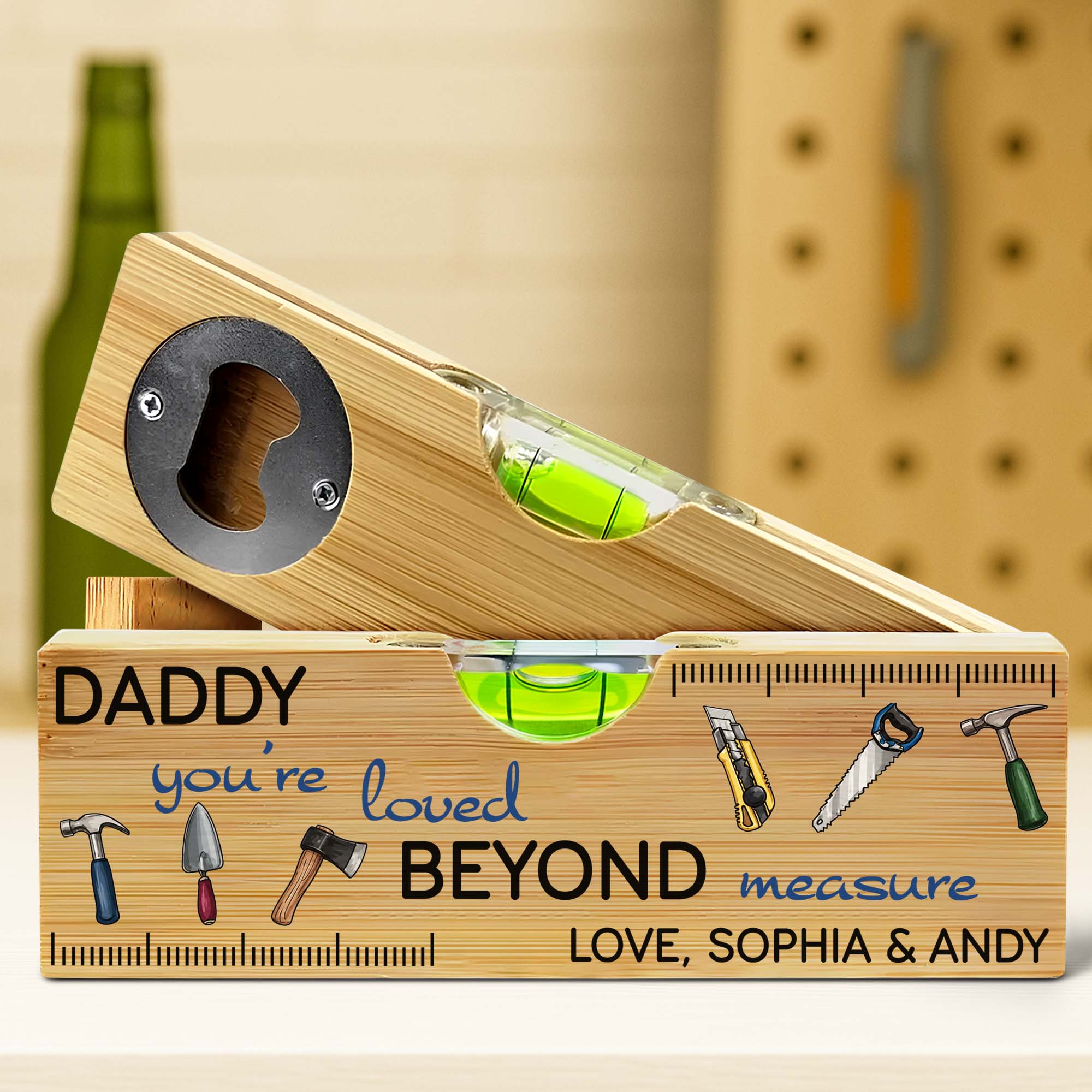 Personalized Wooden Spirit Level Bottle Opener Gift for Dad
