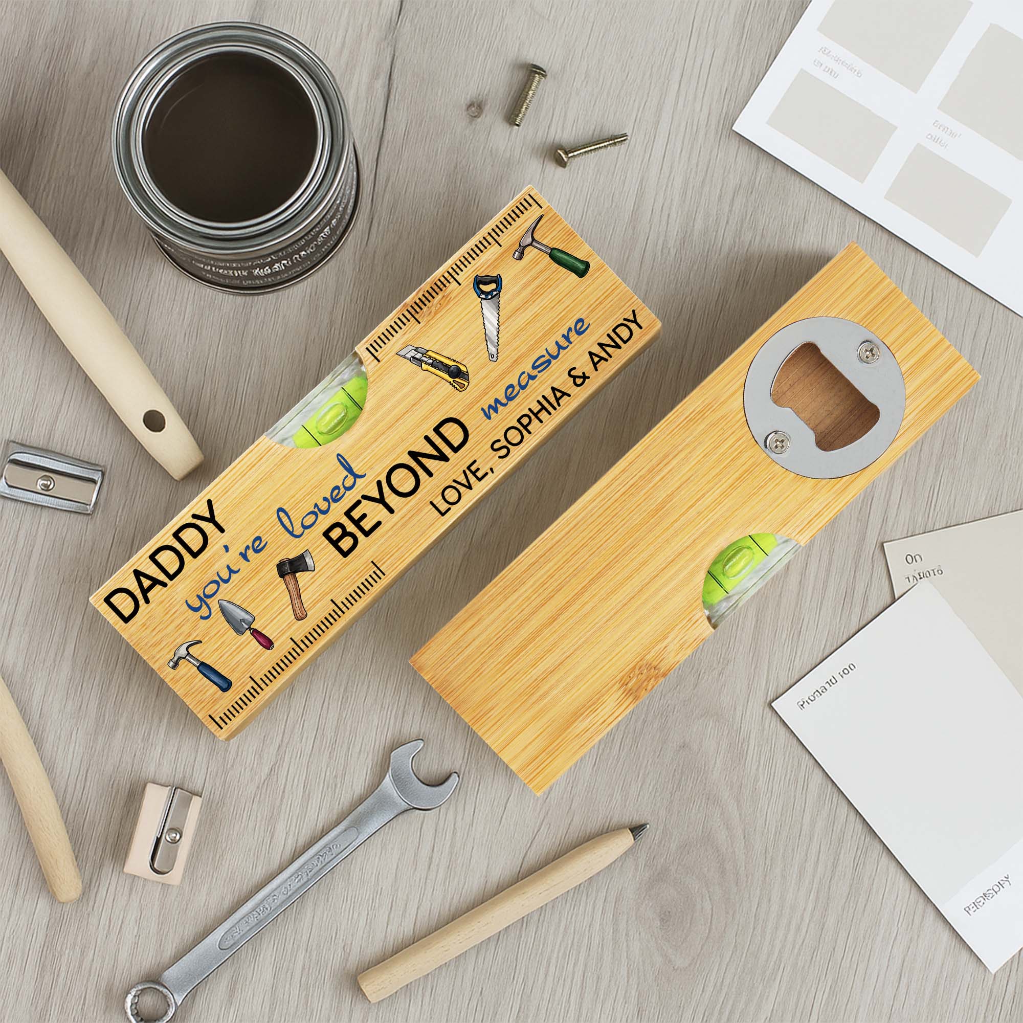 Personalized Wooden Spirit Level Bottle Opener Gift for Dad