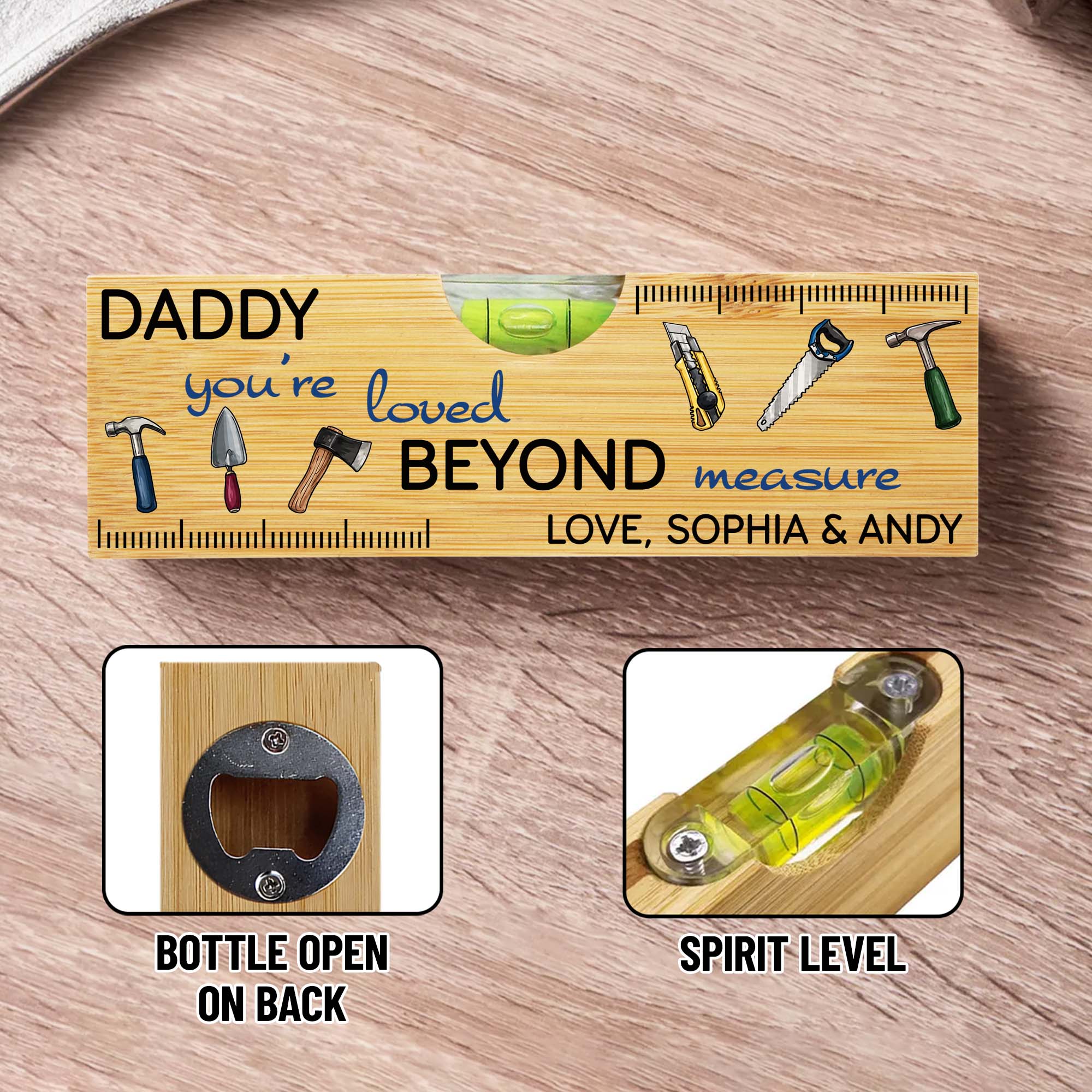 Personalized Wooden Spirit Level Bottle Opener Gift for Dad Spirit Level GradoCreations