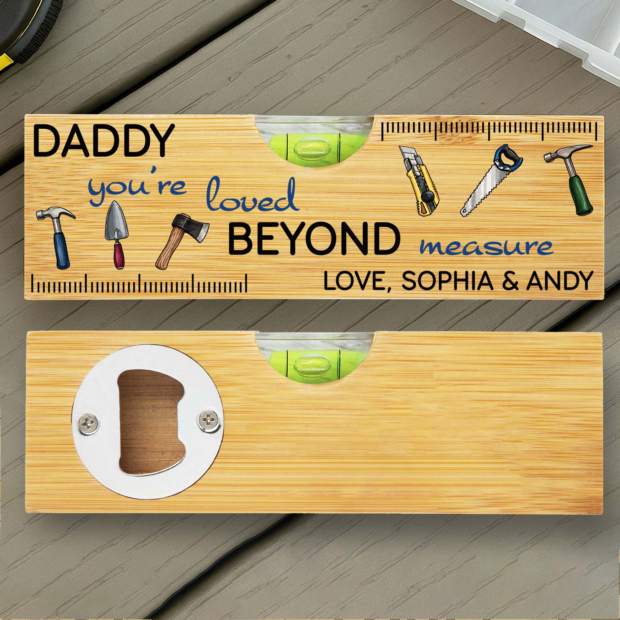 Personalized Wooden Spirit Level Bottle Opener Gift for Dad Spirit Level GradoCreations