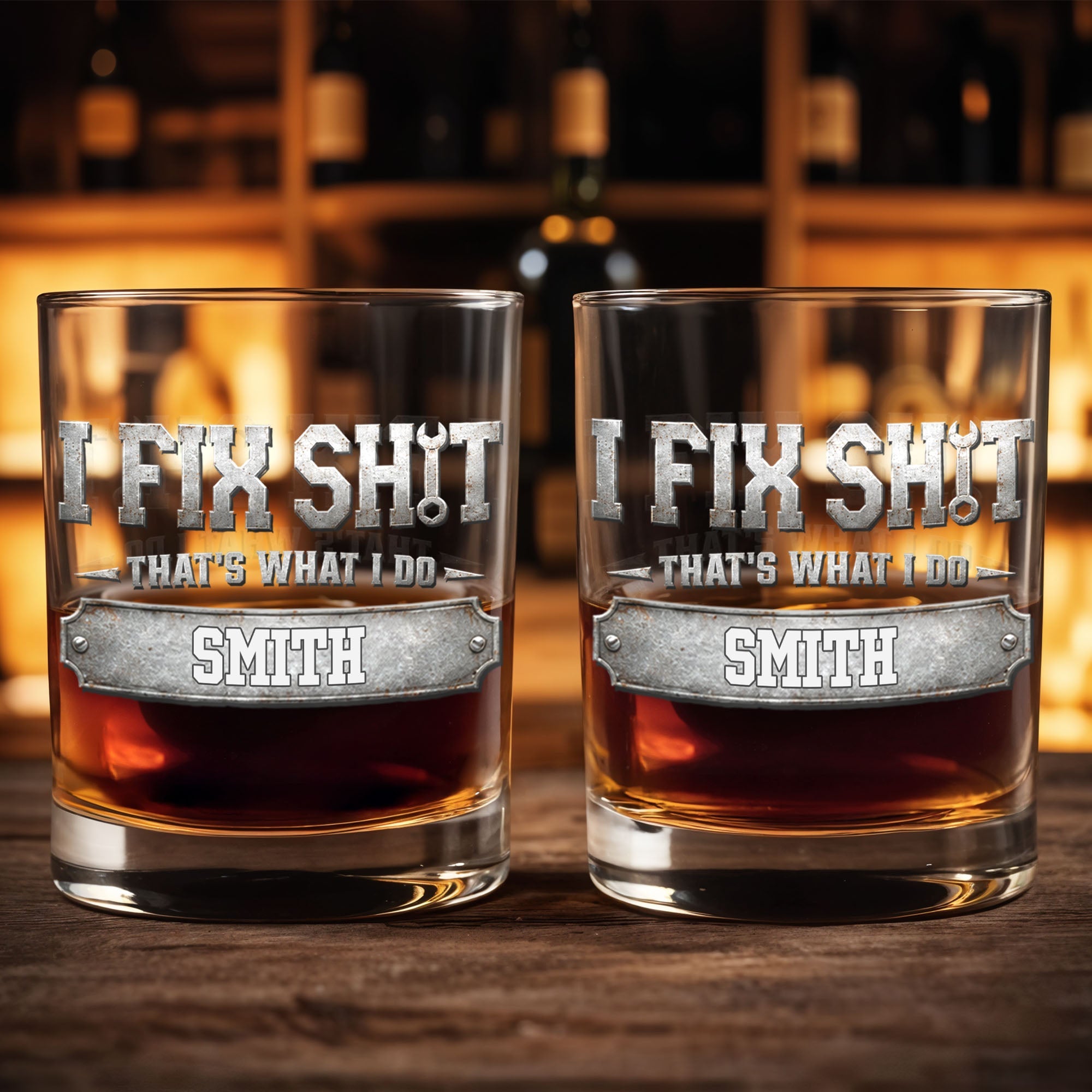 Personalized Custom Whiskey Glass with Metal Wrench Graphic Gift for Dad Whiskey Glass GradoCreations