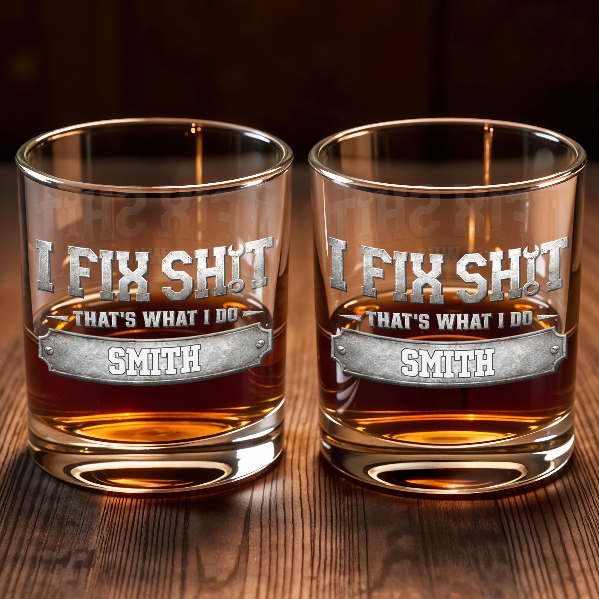 Personalized Custom Whiskey Glass with Metal Wrench Graphic Gift for Dad Whiskey Glass GradoCreations