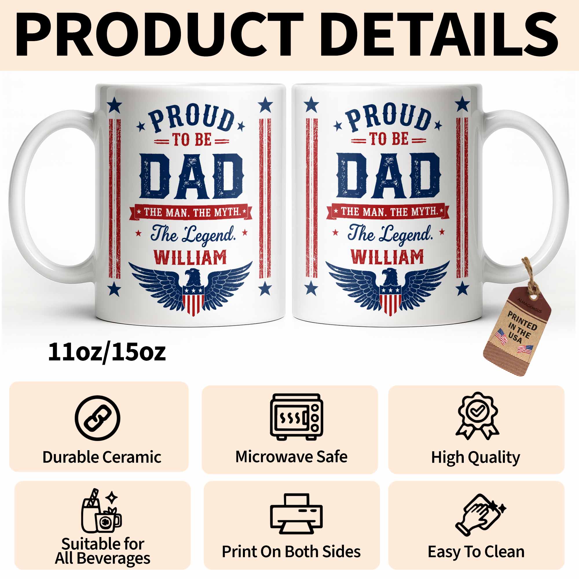Personalized Patriotic Eagle Coffee Mug Custom Gift for Dad Edge-to-edge Mug GradoCreations