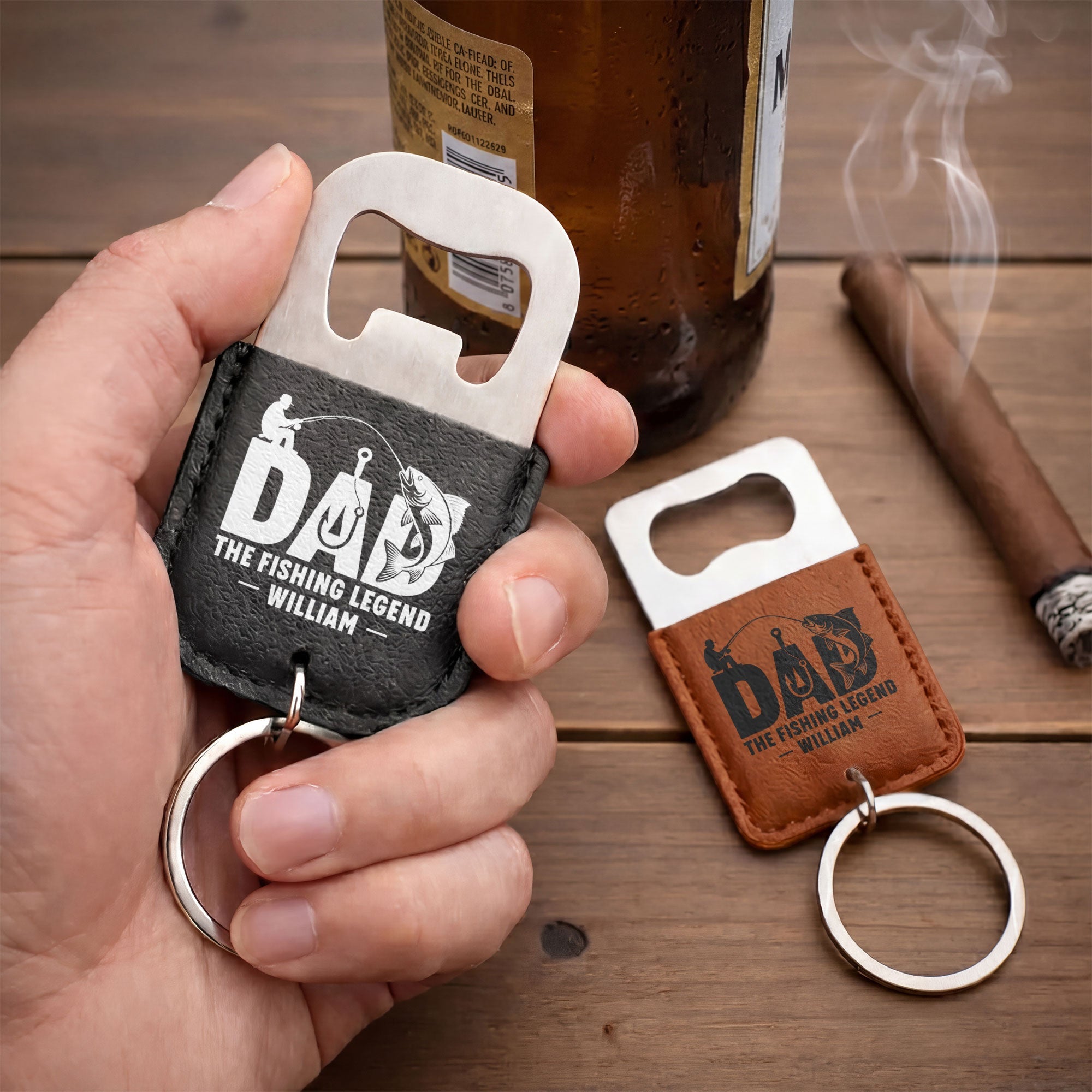 Personalized Leather Bottle Opener Keychain for Fishing Dad Gift Leather Bottle Opener Keychain GradoCreations