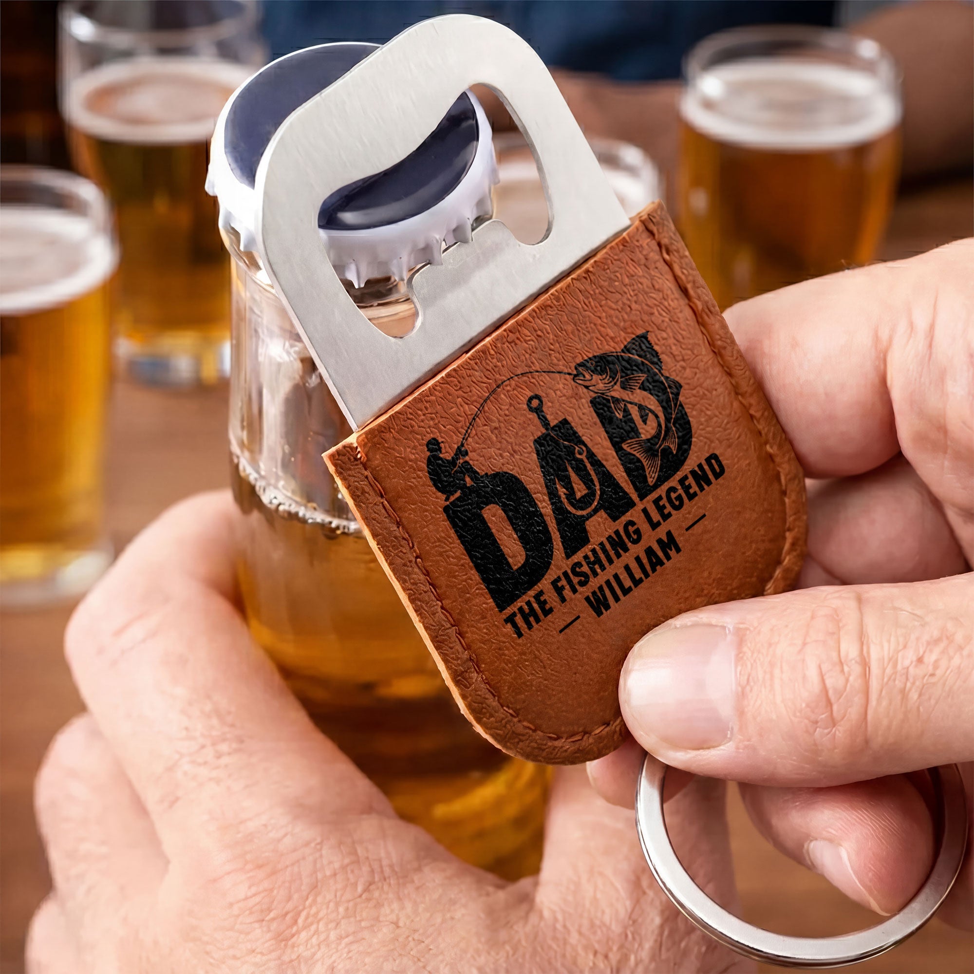 Personalized Leather Bottle Opener Keychain for Fishing Dad Gift Leather Bottle Opener Keychain GradoCreations