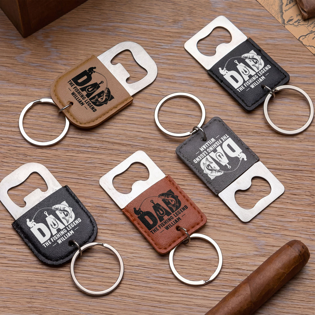 Personalized Leather Bottle Opener Keychain for Fishing Dad Gift Leather Bottle Opener Keychain GradoCreations