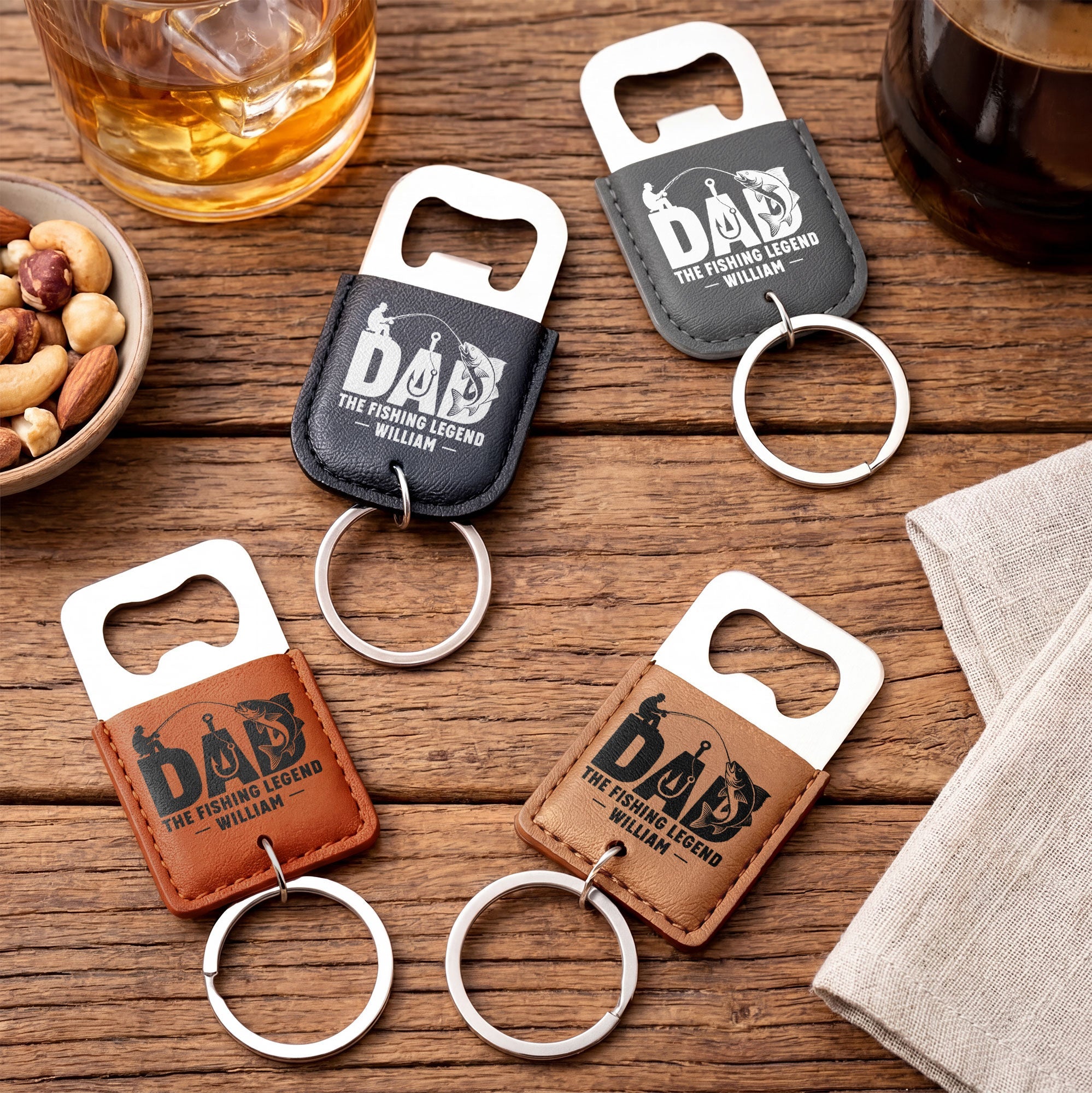 Personalized Leather Bottle Opener Keychain for Fishing Dad Gift Leather Bottle Opener Keychain GradoCreations