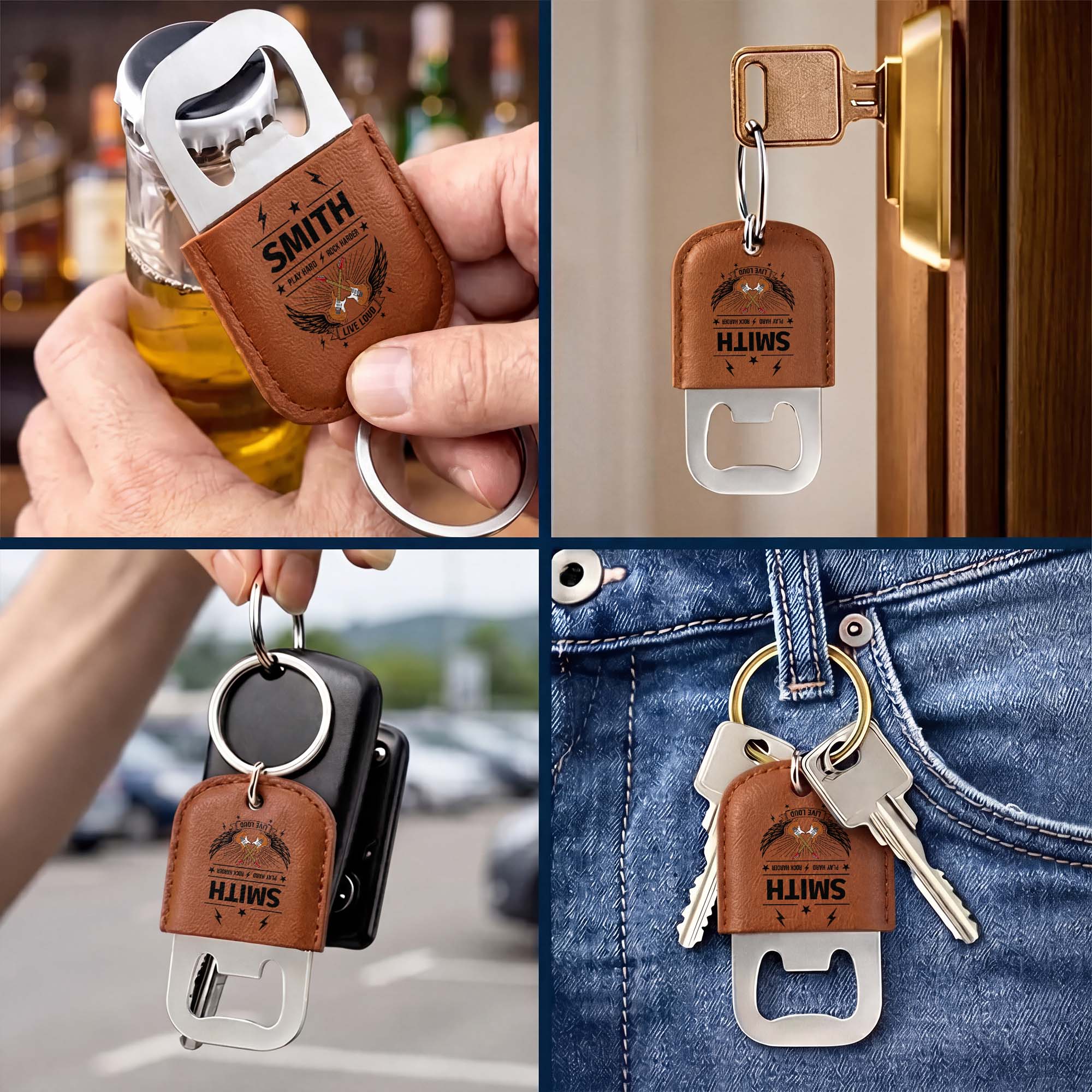 Personalized Leather Bottle Opener Keychain Custom Dad Gift Leather Bottle Opener Keychain GradoCreations
