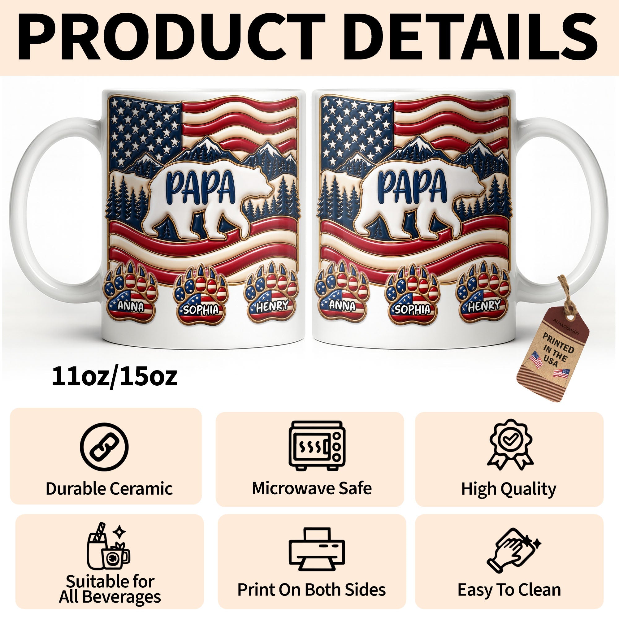 Personalized America Bear Coffee Mug Custom Gift for Dad Edge-to-edge Mug GradoCreations