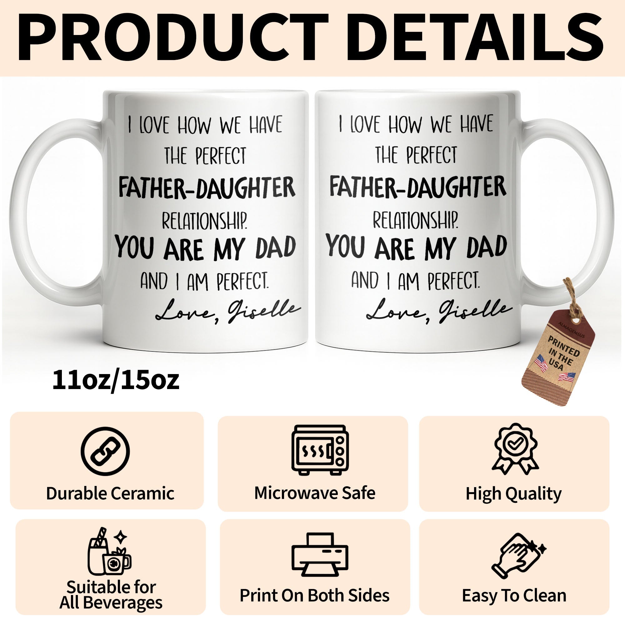 Personalized Father Daughter Coffee Mug Custom Typography Gift Edge-to-edge Mug GradoCreations