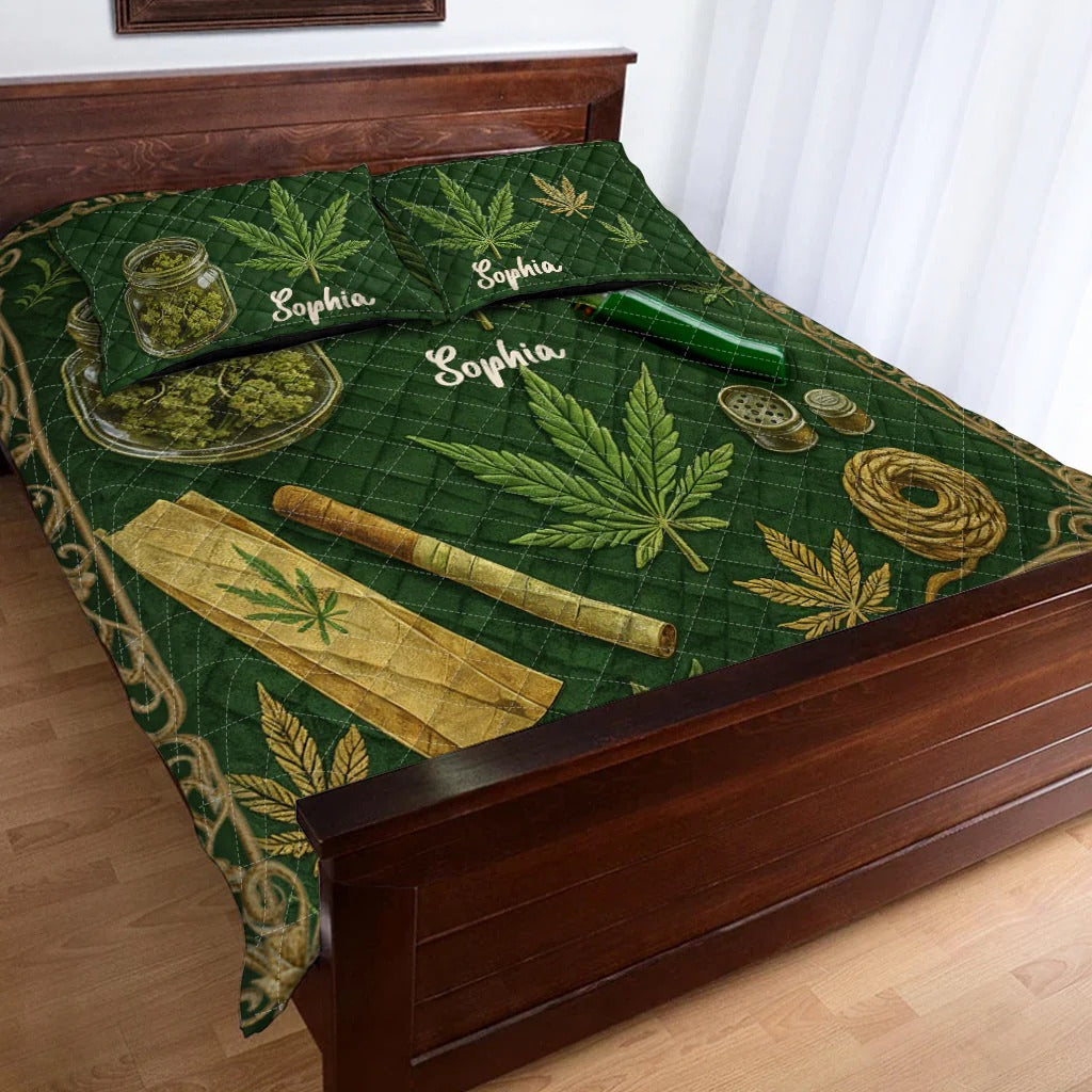 Personalized Weed Quilt Set with Name Green Pink Leaf Bedding GradoCreations