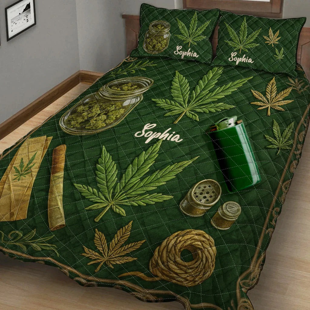 Personalized Weed Quilt Set with Name Green Pink Leaf Bedding GradoCreations