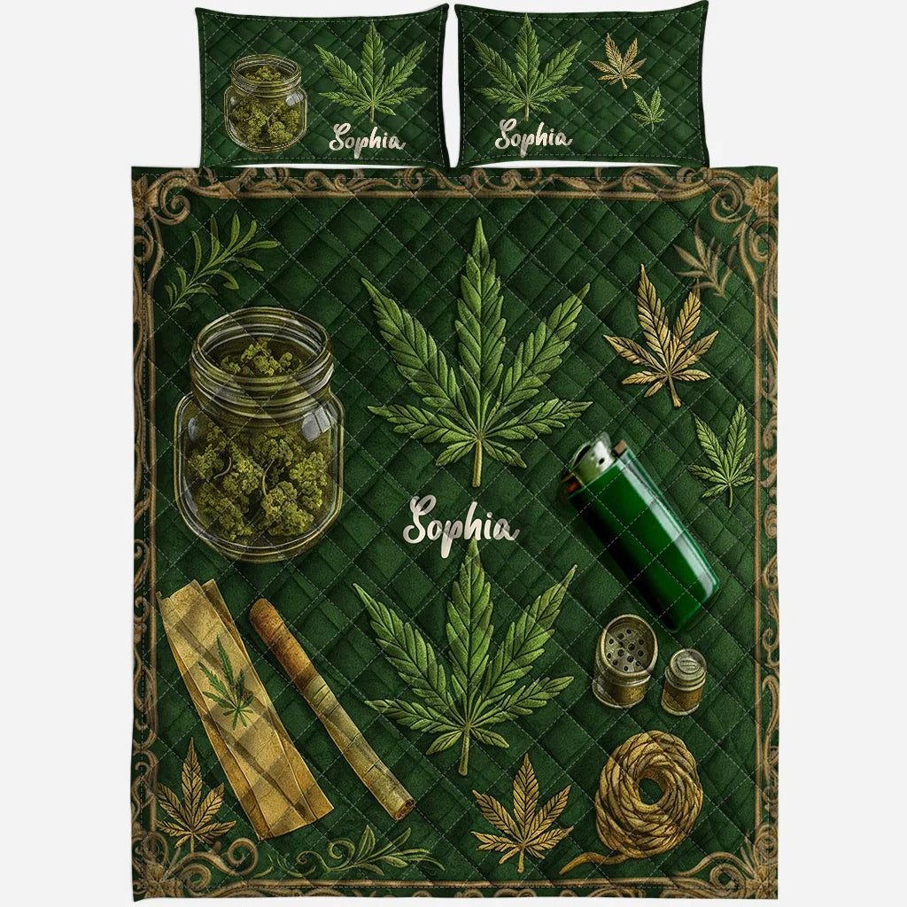 Personalized Weed Quilt Set with Name Green Pink Leaf Bedding GradoCreations
