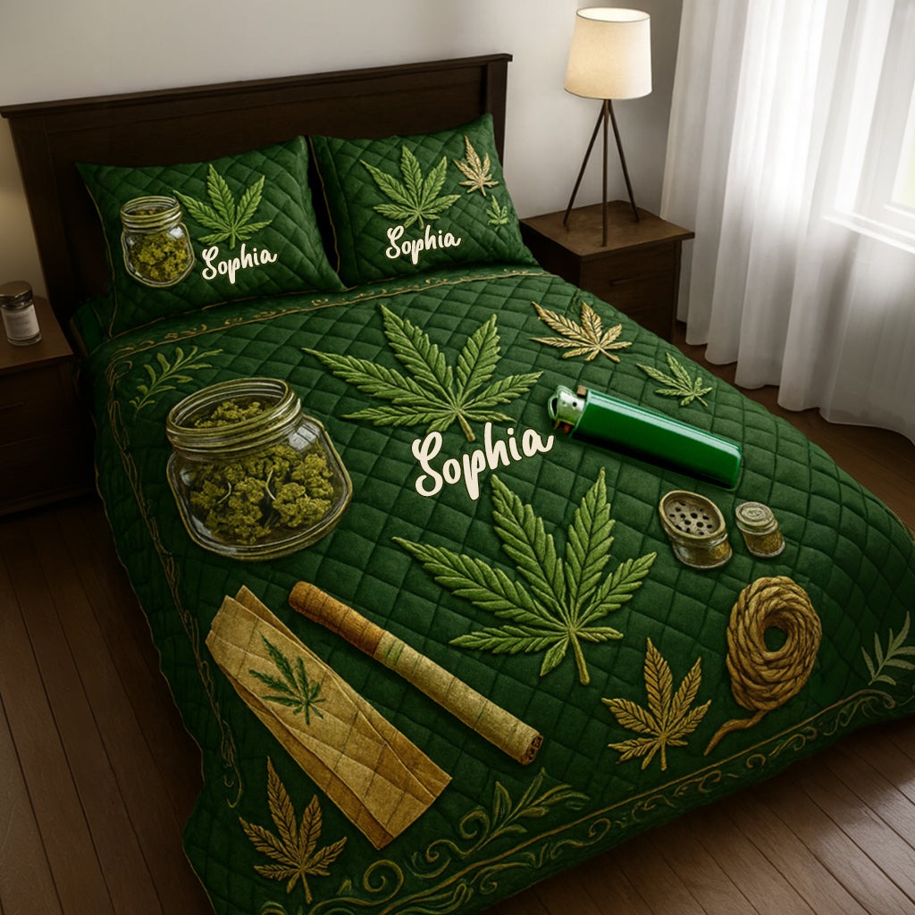 Personalized Weed Quilt Set with Name Green Pink Leaf Bedding GradoCreations