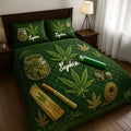 Personalized Weed Quilt Set with Name Green Pink Leaf Bedding GradoCreations