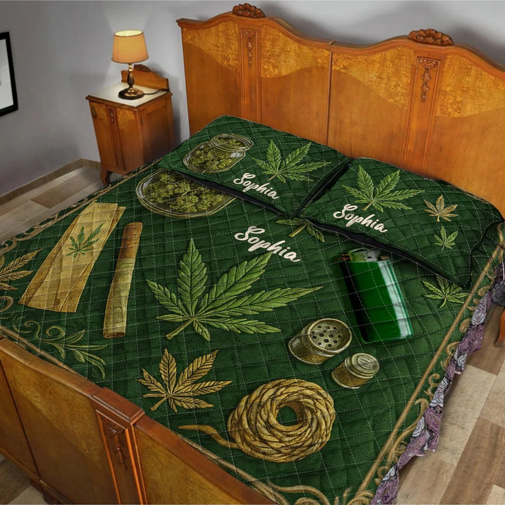 Personalized Weed Quilt Set with Name Green Pink Leaf Bedding GradoCreations