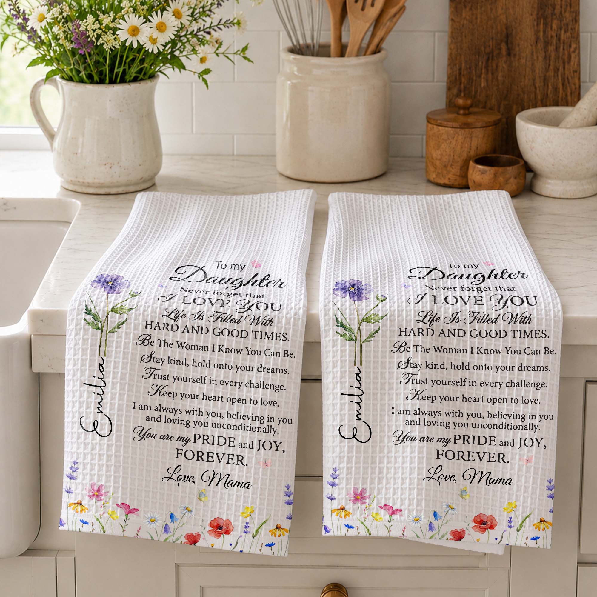 Personalized Kitchen Towel Birth Month Flowers for Daughter Gift Kitchen Towel GradoCreations
