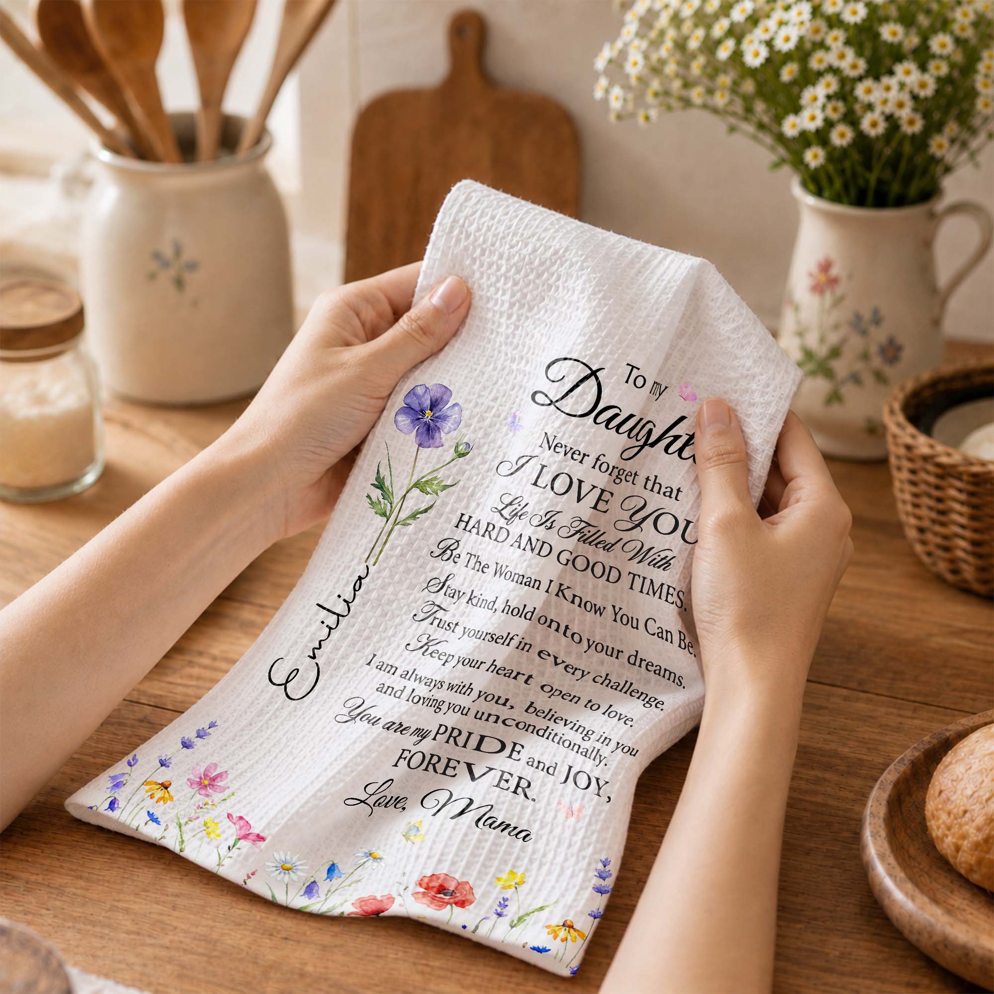 Personalized Kitchen Towel Birth Month Flowers for Daughter Gift Kitchen Towel GradoCreations