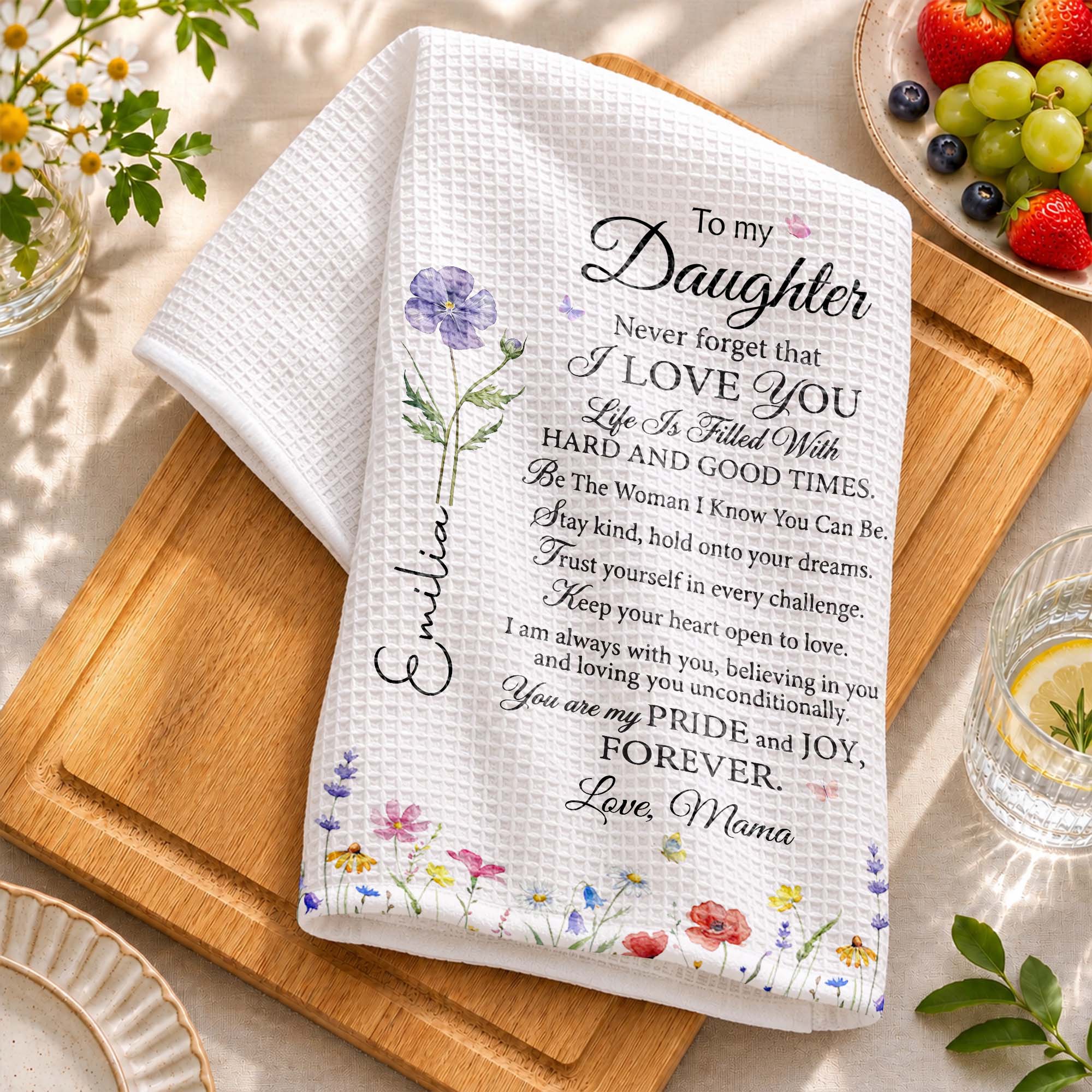 Personalized Kitchen Towel Birth Month Flowers for Daughter Gift Kitchen Towel GradoCreations