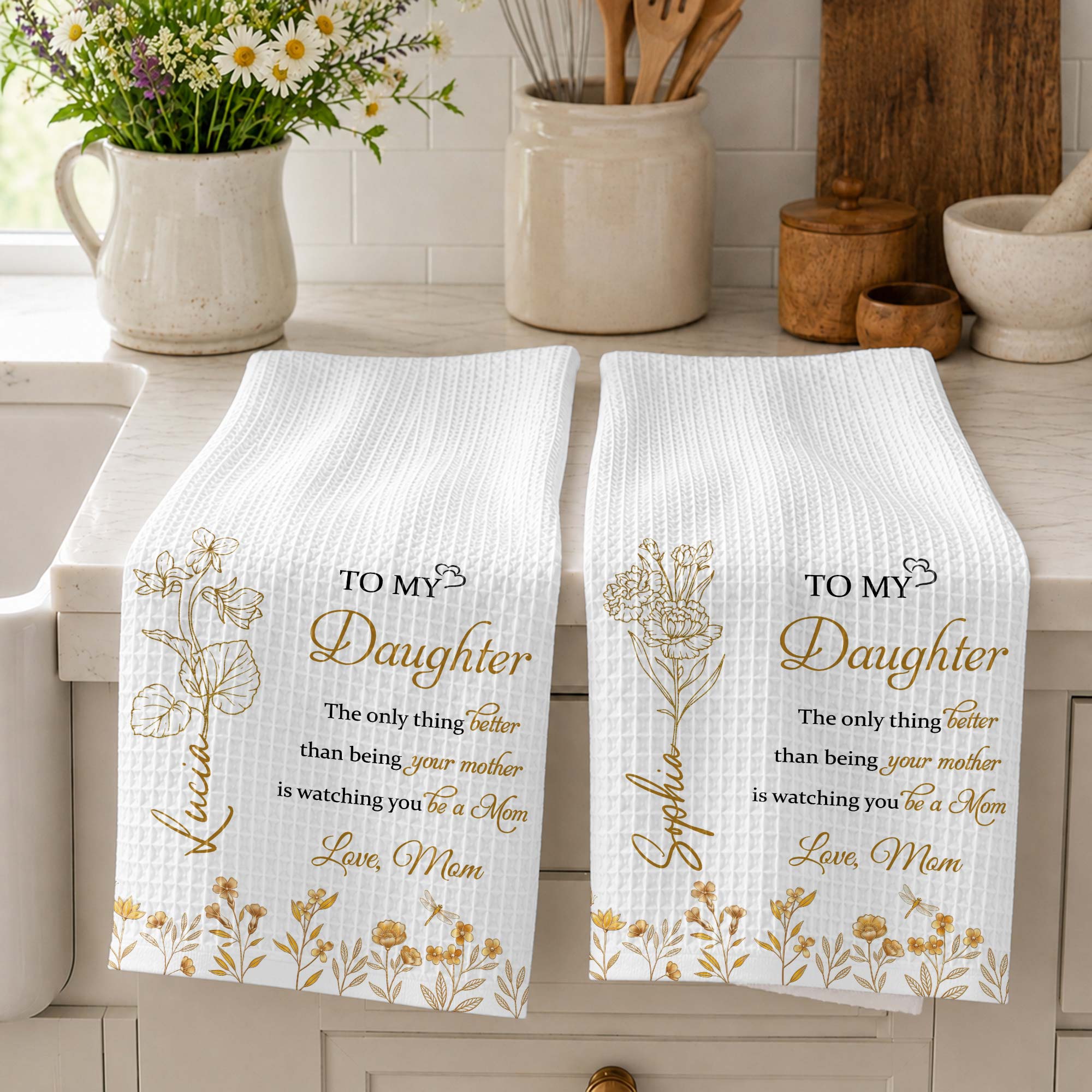 Personalized Kitchen Towel for Daughter Birth Month Flowers Gift Kitchen Towel GradoCreations