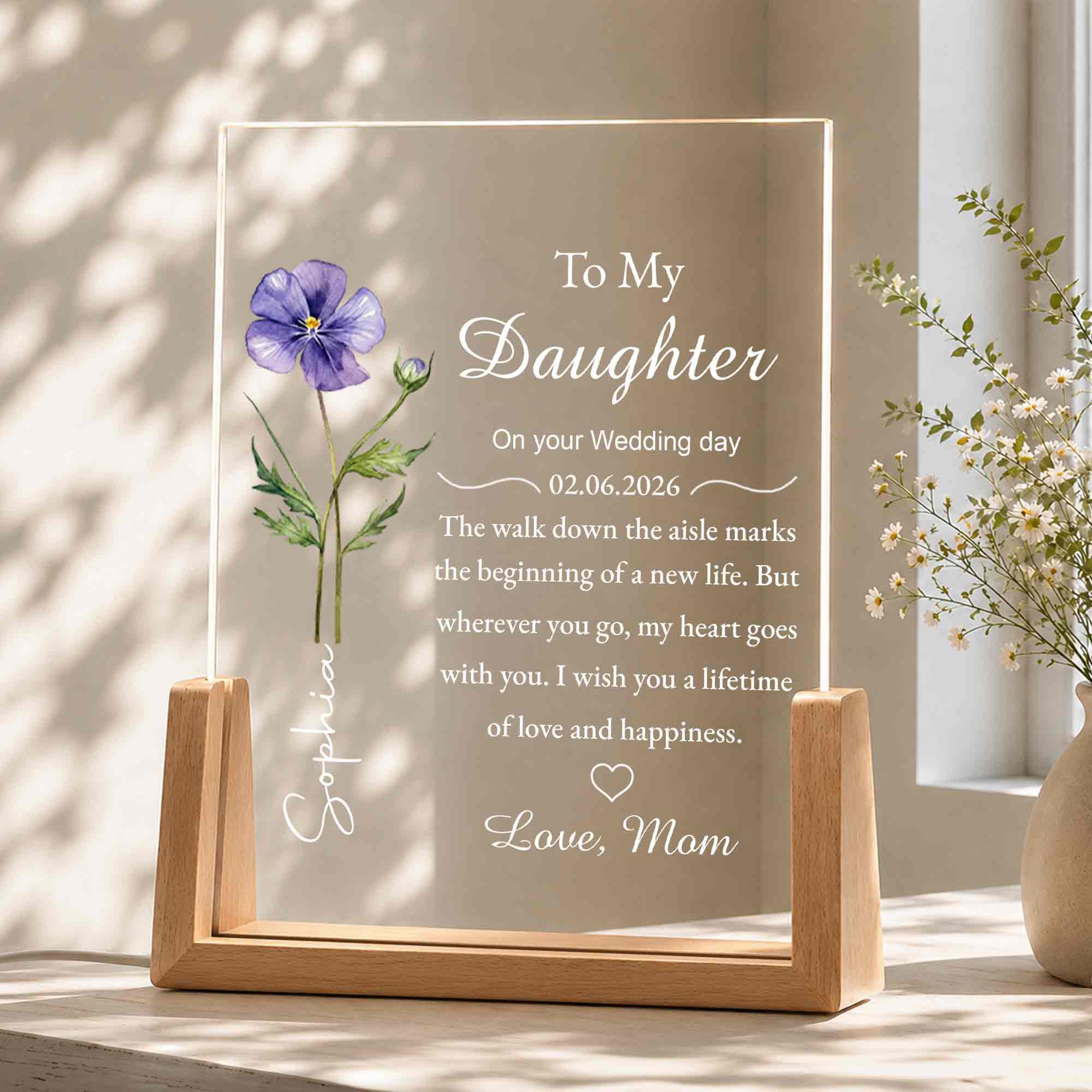 Personalized Acrylic Night Light with Wooden Base Gift for Daughter Wedding Wood and Acrylic Night Light GradoCreations