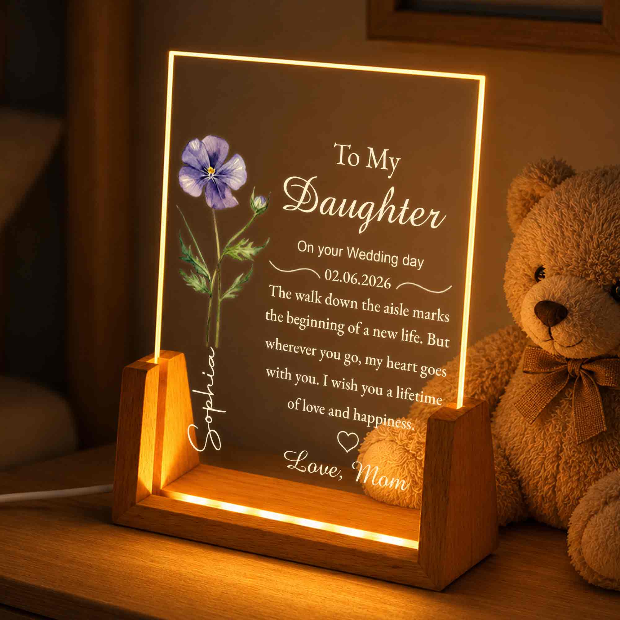 Personalized Acrylic Night Light with Wooden Base Gift for Daughter Wedding Wood and Acrylic Night Light GradoCreations