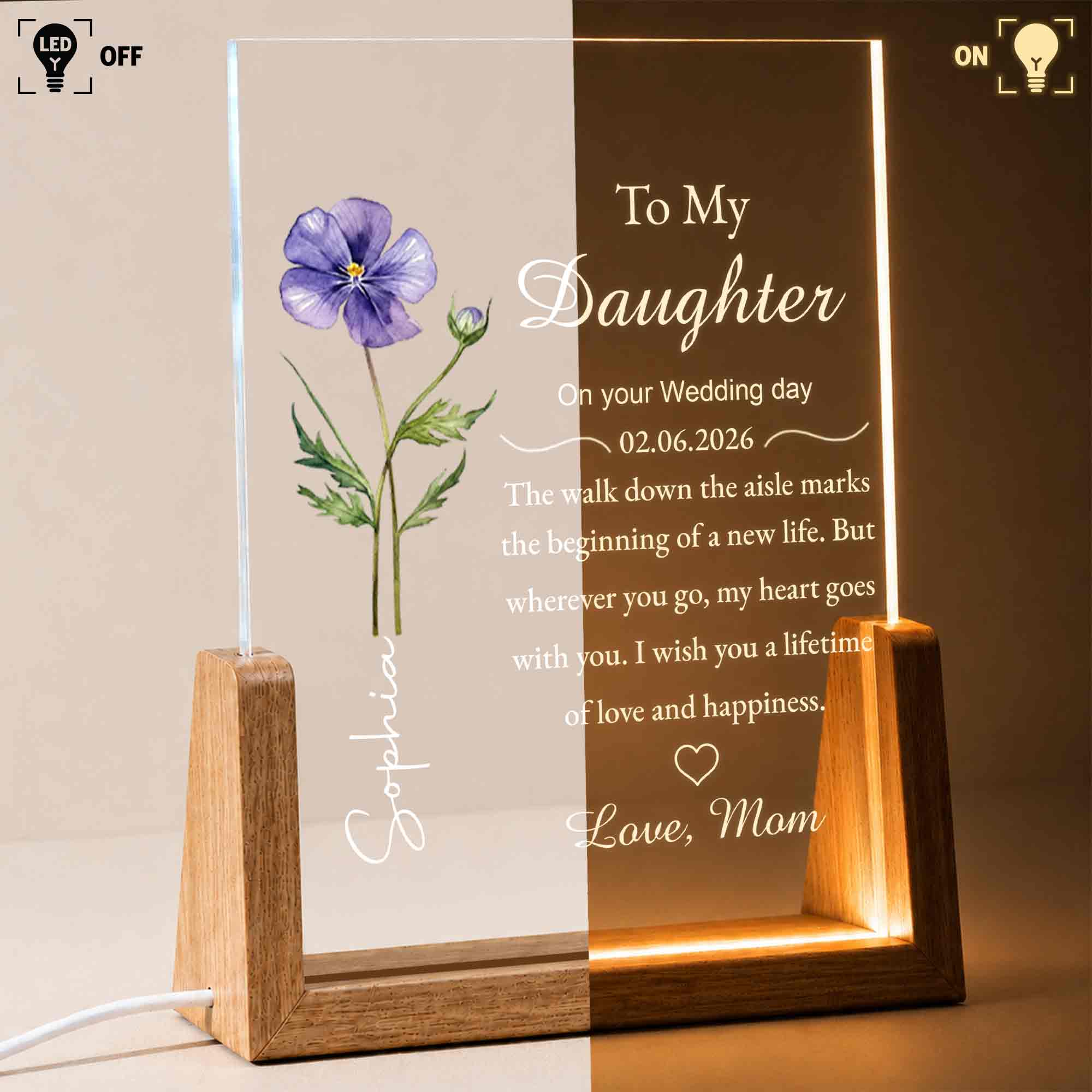 Personalized Acrylic Night Light with Wooden Base Gift for Daughter Wedding Wood and Acrylic Night Light GradoCreations