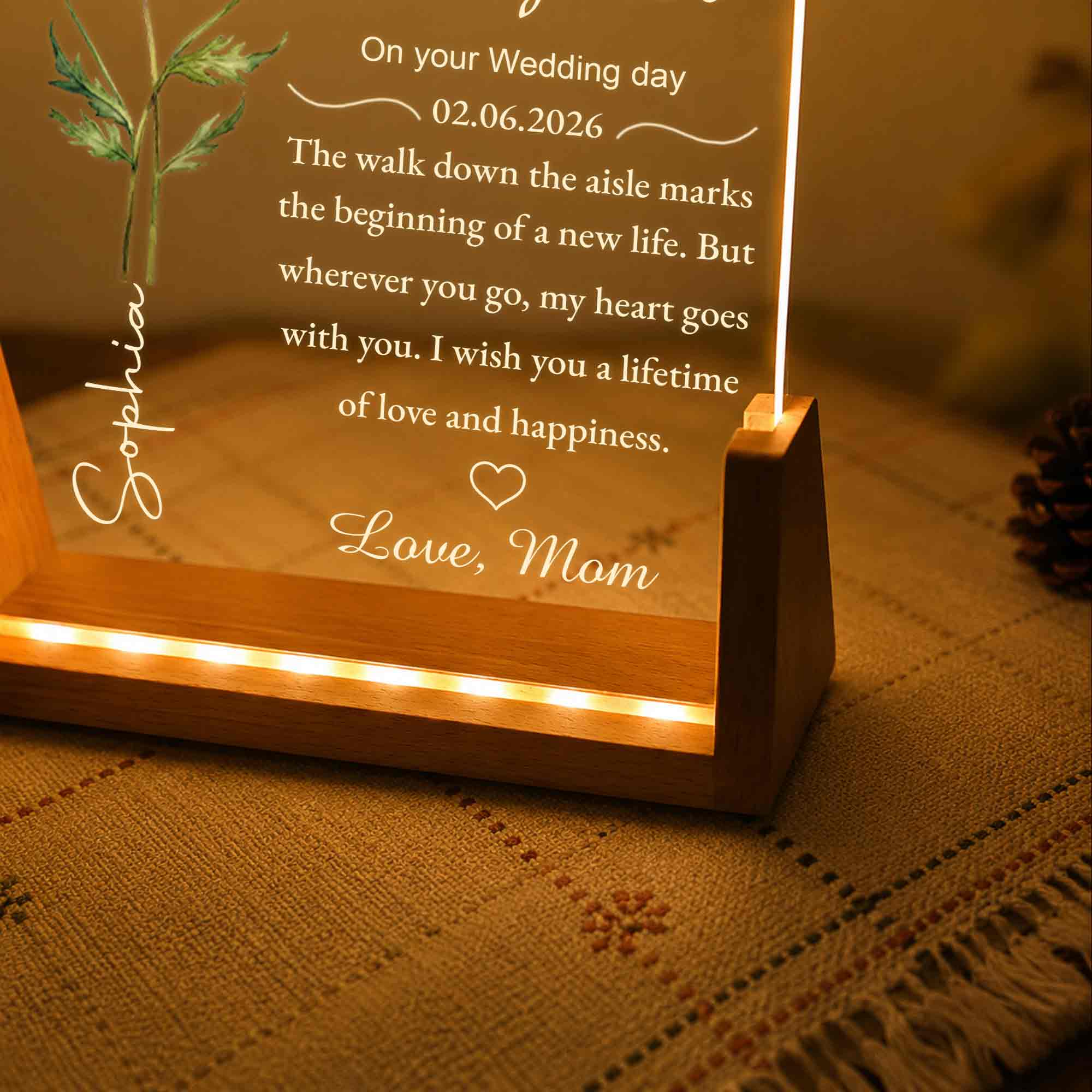 Personalized Acrylic Night Light with Wooden Base Gift for Daughter Wedding Wood and Acrylic Night Light GradoCreations