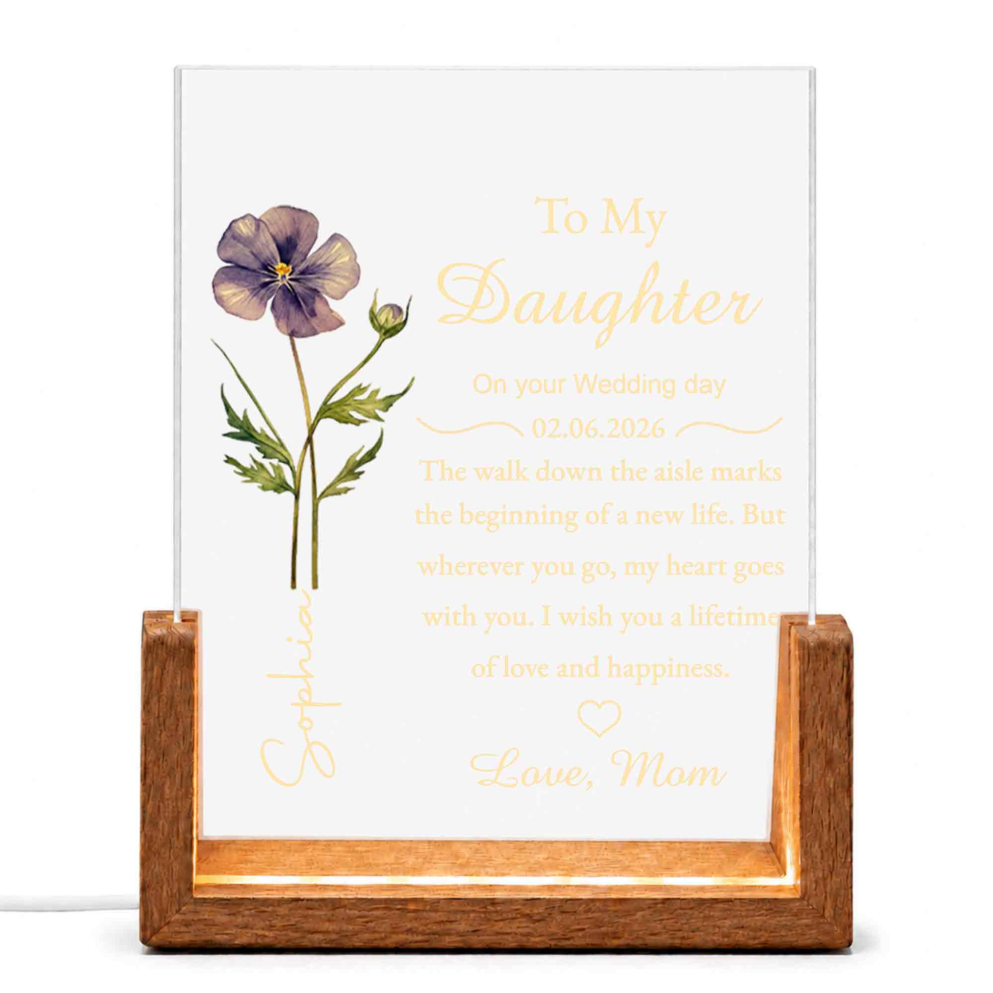 Personalized Acrylic Night Light with Wooden Base Gift for Daughter Wedding Wood and Acrylic Night Light GradoCreations