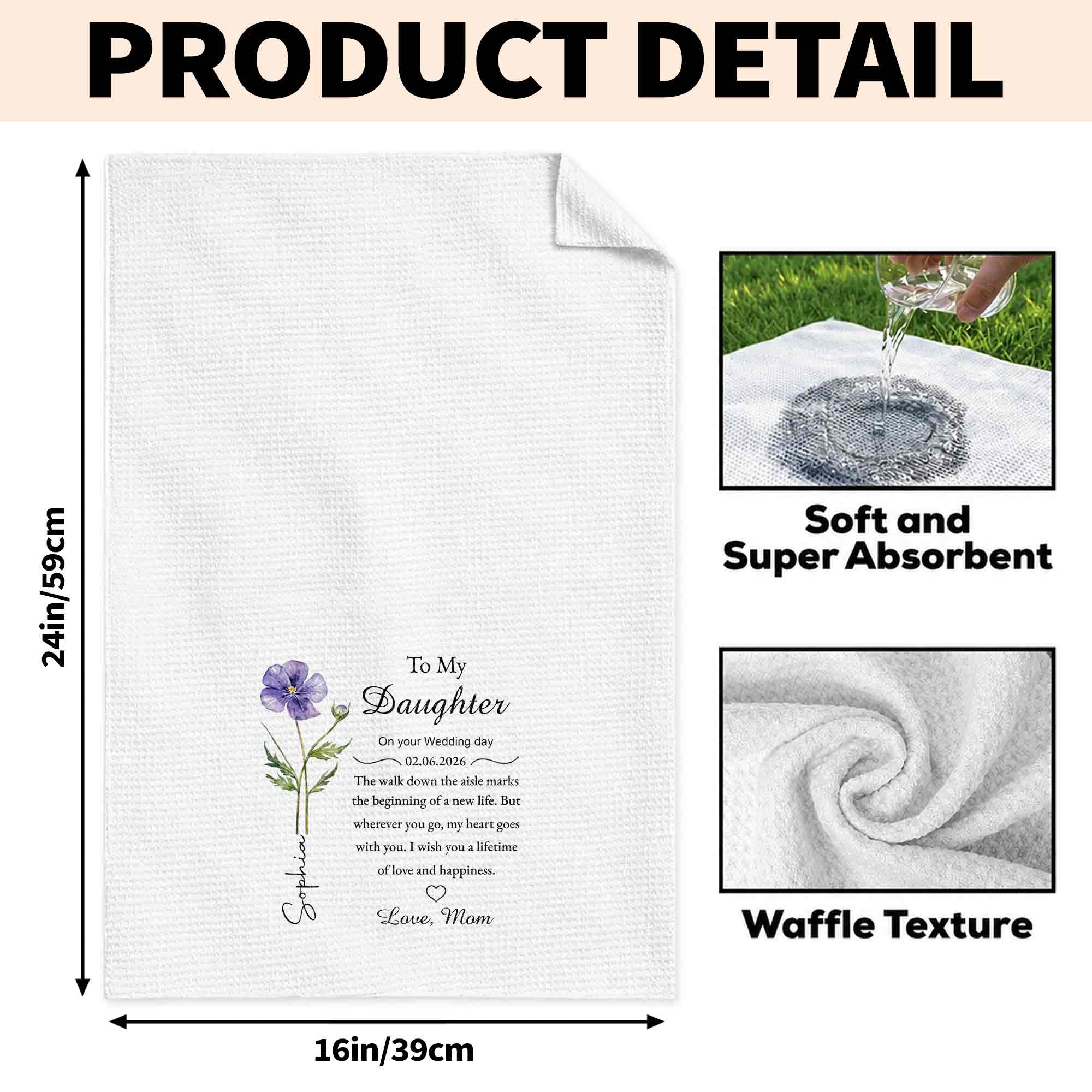 Personalized Kitchen Towel Wedding Day Gift for Daughter Floral Design Kitchen Towel GradoCreations