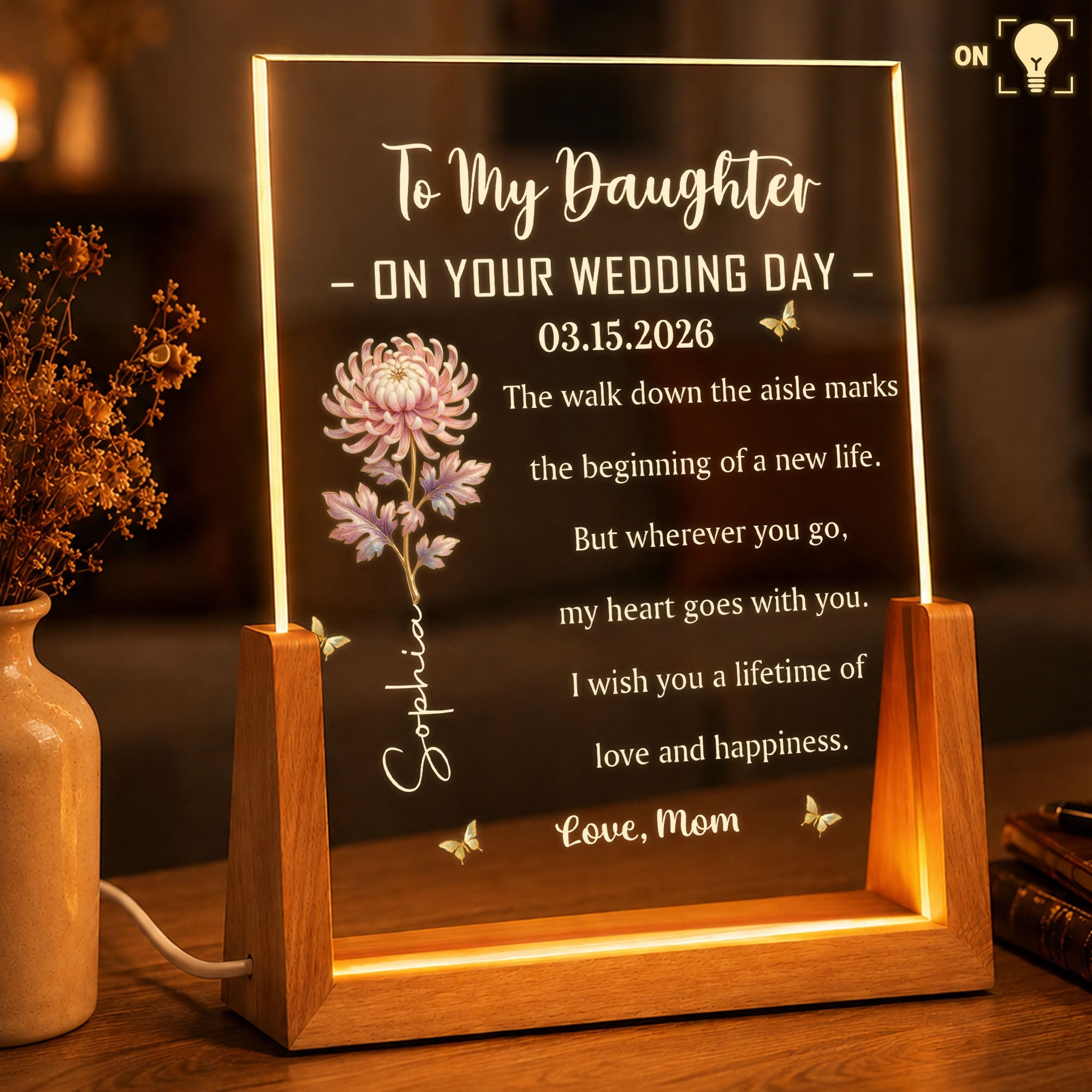 Personalized Acrylic Night Light for Daughter Wedding Day Gift Wood and Acrylic Night Light GradoCreations