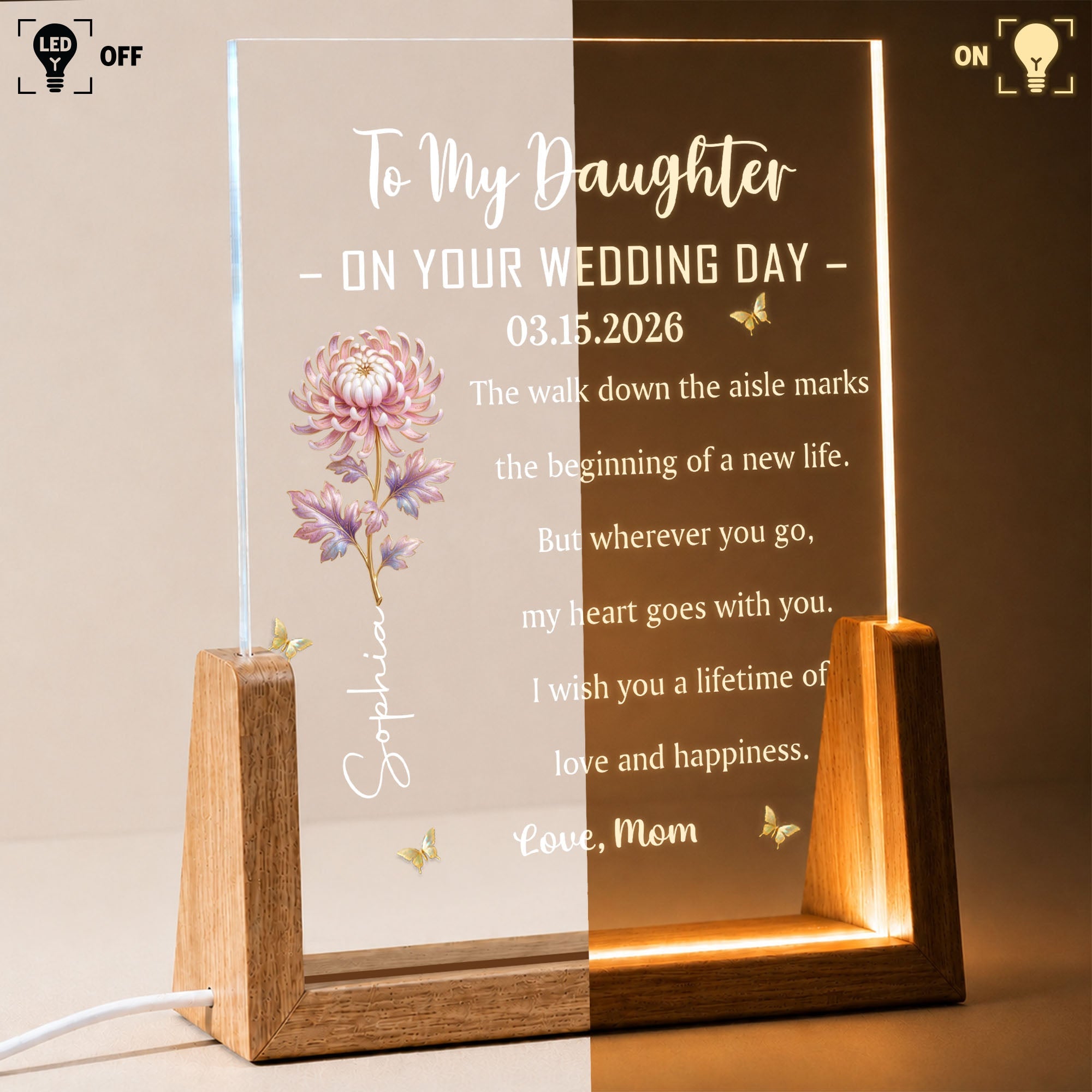 Personalized Acrylic Night Light for Daughter Wedding Day Gift Wood and Acrylic Night Light GradoCreations