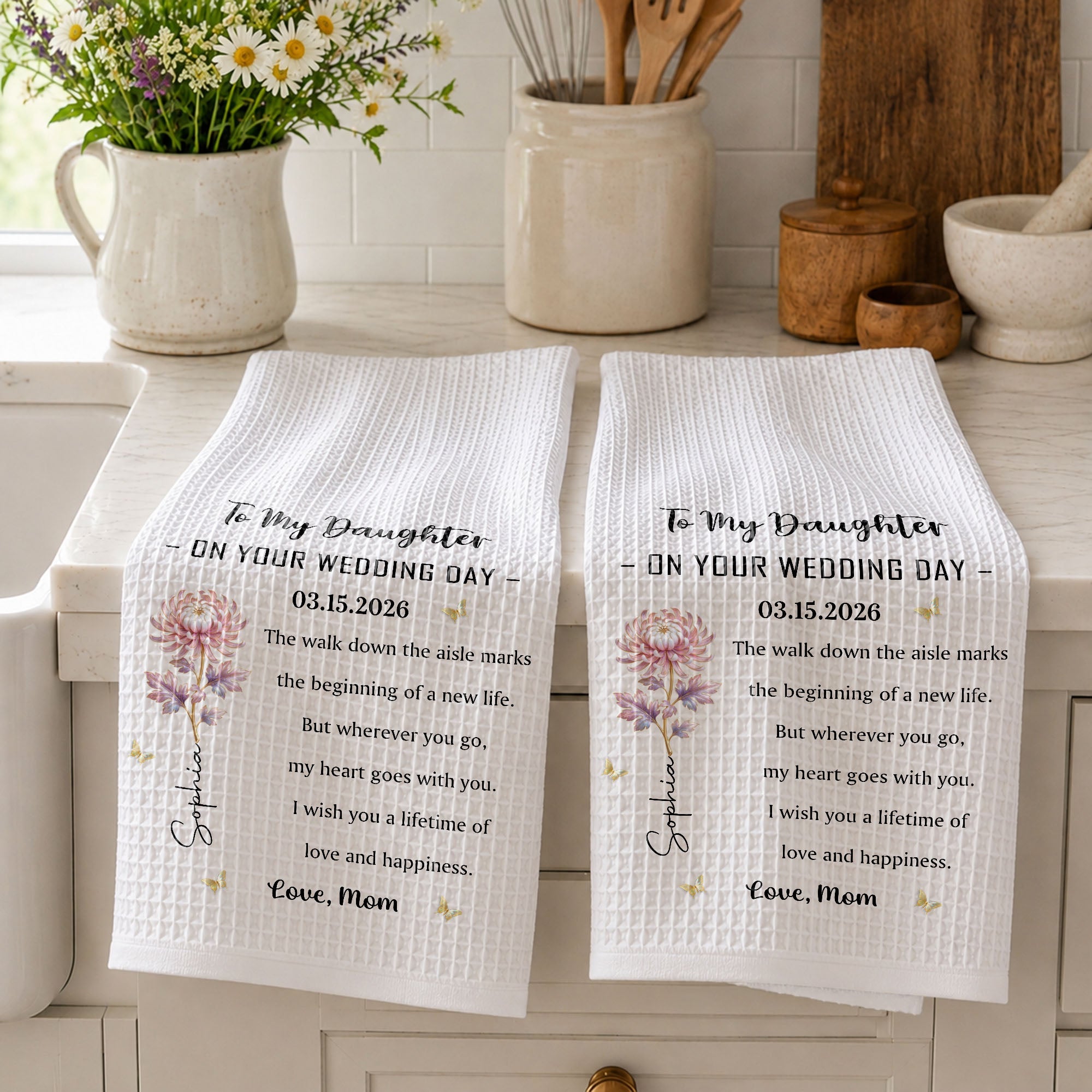 Personalized Kitchen Towel Bridal Shower Gift for Daughter Flower Design Kitchen Towel GradoCreations