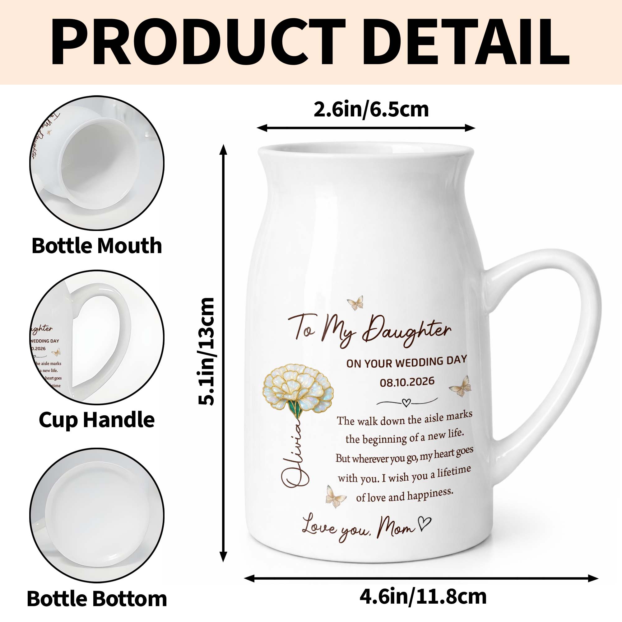 Personalized Ceramic Flower Vase Gift for Daughter Wedding Day Flower Vase GradoCreations