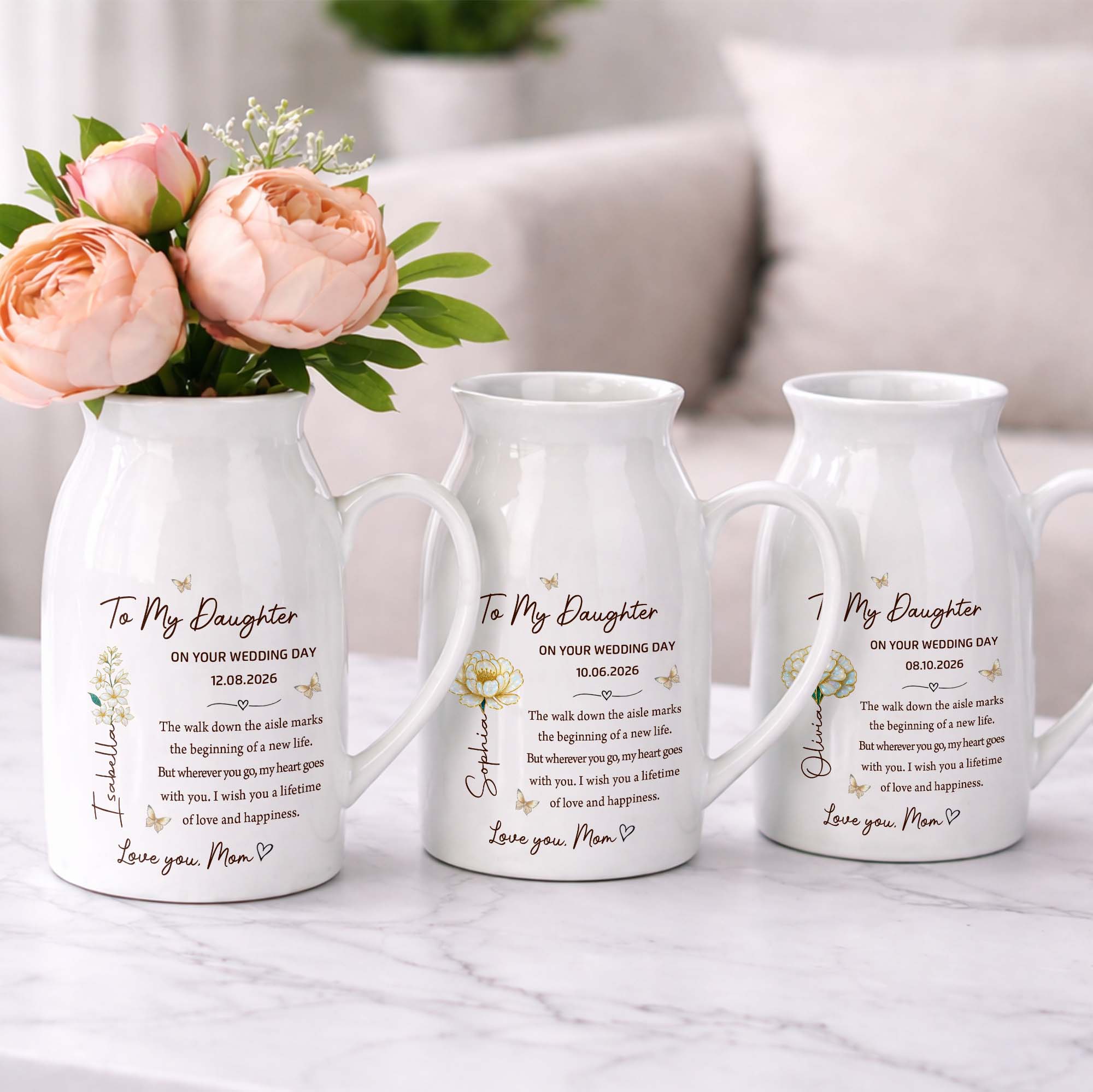 Personalized Ceramic Flower Vase Gift for Daughter Wedding Day Flower Vase GradoCreations