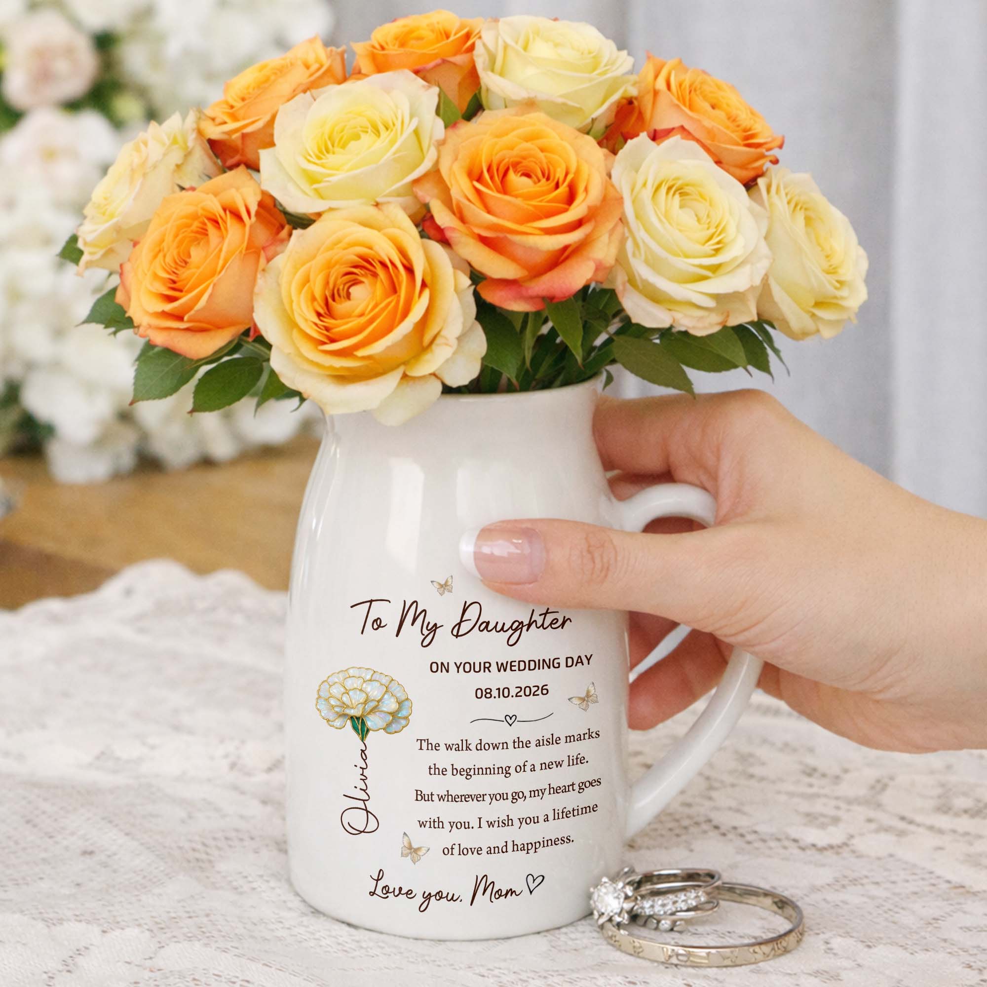 Personalized Ceramic Flower Vase Gift for Daughter Wedding Day Flower Vase GradoCreations